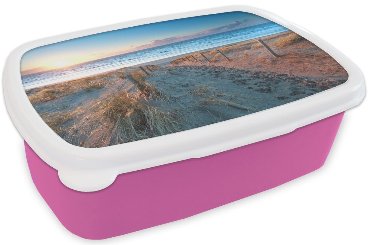 MuchoWow Lunchbox Düne, für Erwachsene, Brotdose Sonne Strand Meer - (2-tlg), Snackbox, Kinder, Mädchen, Kunststoff, rosa - - Brotbox Kunststoff