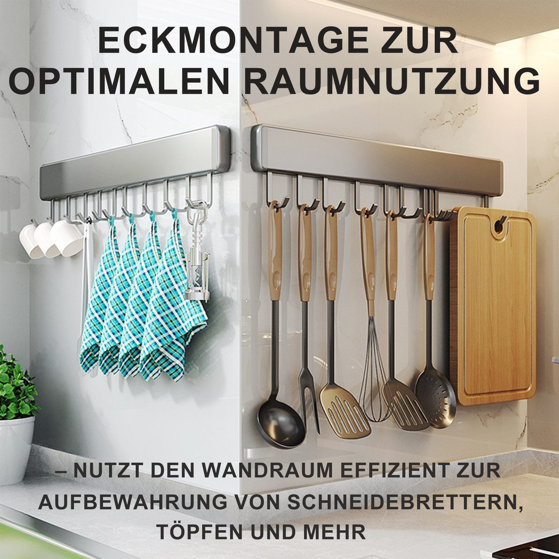 Mutig Hakenleiste Garderobenleiste 30/40/50cm,Küche Hängeleiste, 6/8/10 bewegliche Haken, (Küchenhalterung ohne bohren, Bohrfreie oder gebohrte Montage möglich, Haken aus Raumfahrt-Aluminium für Schlafzimmer Bad Küche-Silbergrau), Es ist ideal für glatte Oberflächen wie Glas, Fliesen, Metall