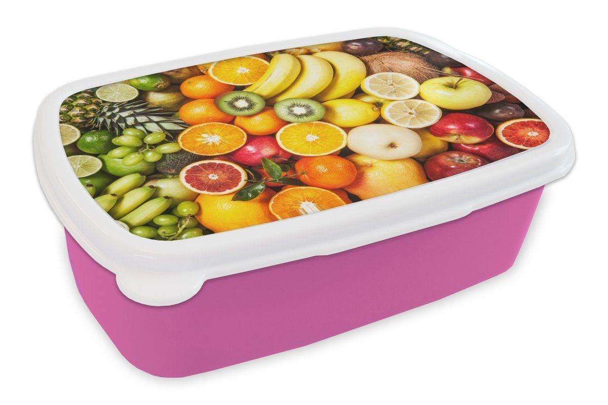 MuchoWow Lunchbox Kiwi - Banane - Obst, Kunststoff, (2-tlg), Brotbox für Erwachsene, Brotdose Kinder, Snackbox, Mädchen, Kunststoff rosa