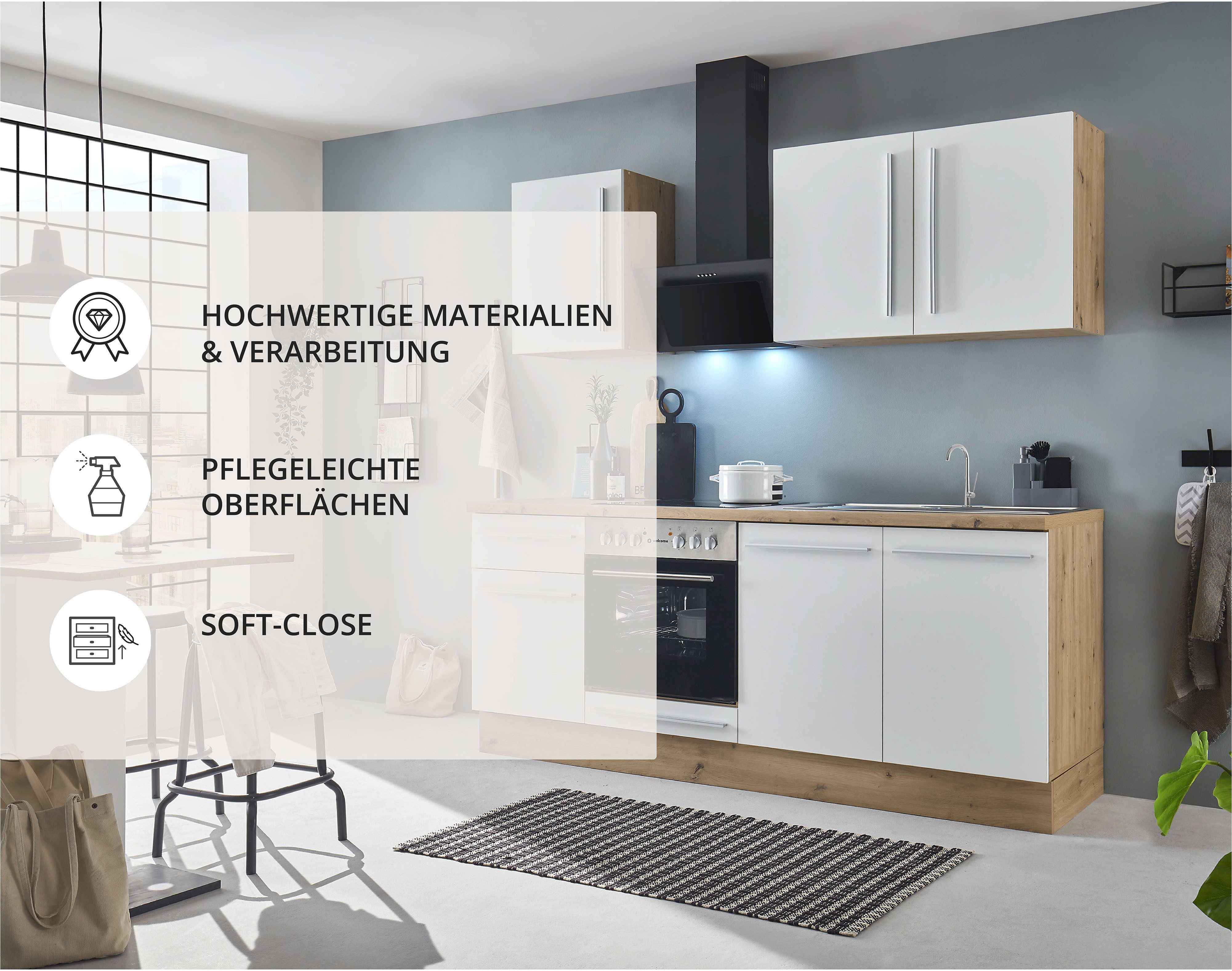 KOCHSTATION Küchenzeile KS-Florida mit 38mm starker Arbeitsplatte, Breite 210 cm, wahlweise mit E-Geräten, mit Soft-Close-Funktion