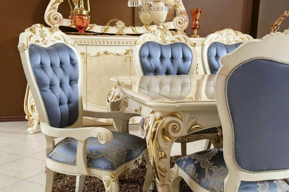 Esszimmerstühle Edel Esstisch Padrino Barock Esszimmer-Set Möbel Prunkvoll - Blau 1 / Casa Luxus - Barock Set / - Barock Esszimmer Möbel - im Luxus 6 Barockstil Barock Weiß Esszimmer Gold & &