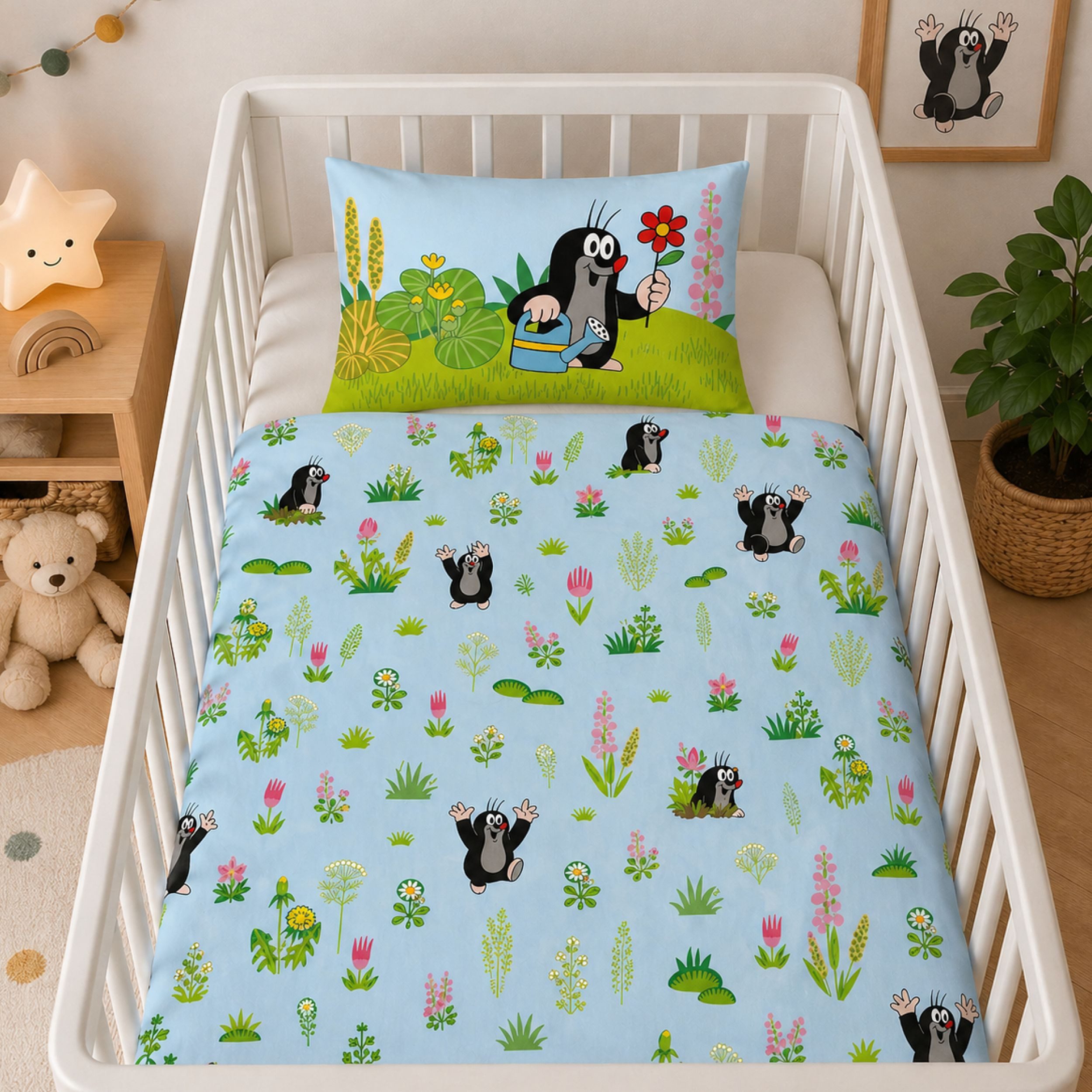 Familando Babybettwäsche 100x135 40x60cm der kleine Maulwurf & seine Freunde Hase und Igel, Renforcé, 2 teilig, mit liebevollem Motiv und Wendeseite