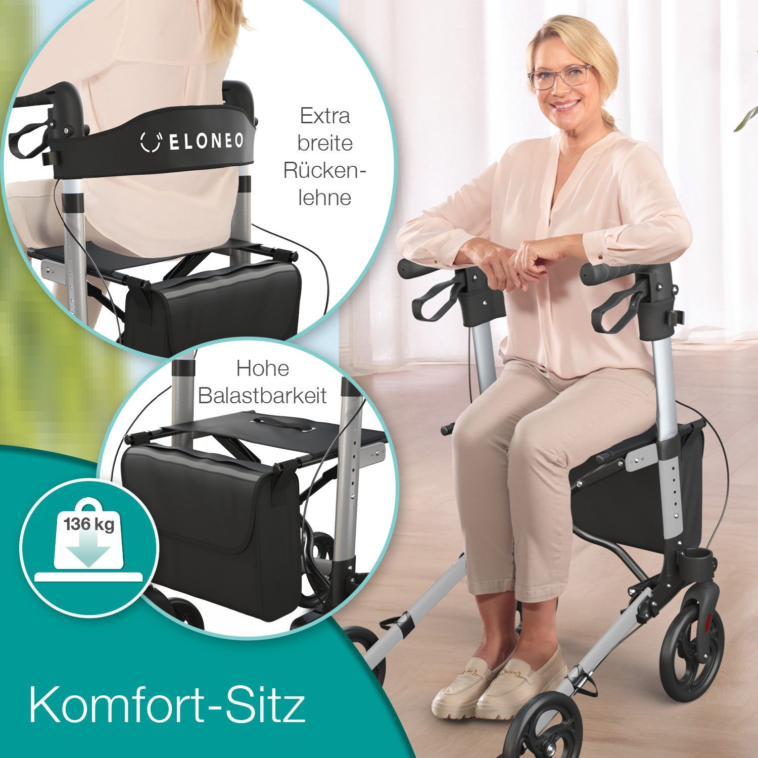 ELONEO Rollator leicht und faltbar mit Sitz, Gehhilfe 8-fach höhenverstellbar, Komfort-Sitz mit Stockhalter, Einkaufstasche & Rückengurt