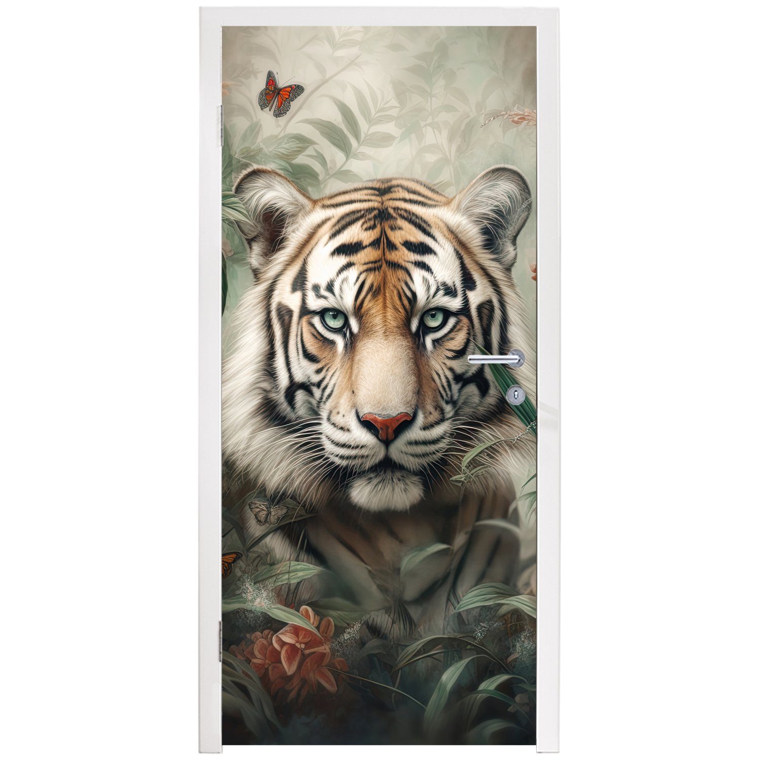 St), MuchoWow Matt, Blumen, Türaufkleber, für Tiger - - Tür, cm Dschungel Schmetterlinge (1 Türtapete Tiere 75x205 - bedruckt, - Fototapete