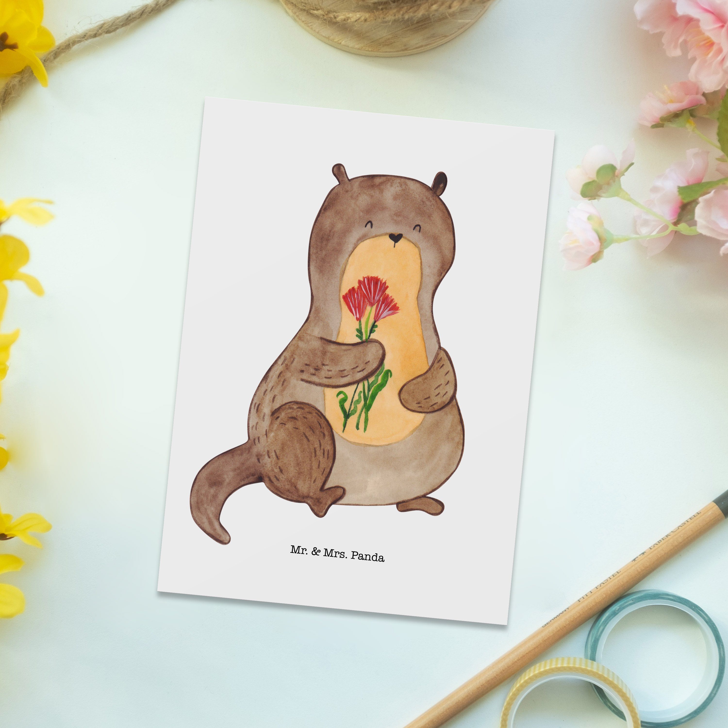 Mr. & Mrs. Panda Postkarte Geschenk, Ein Blumenstrauß niedlich, Geburtstagskarte, - - Weiß Otter