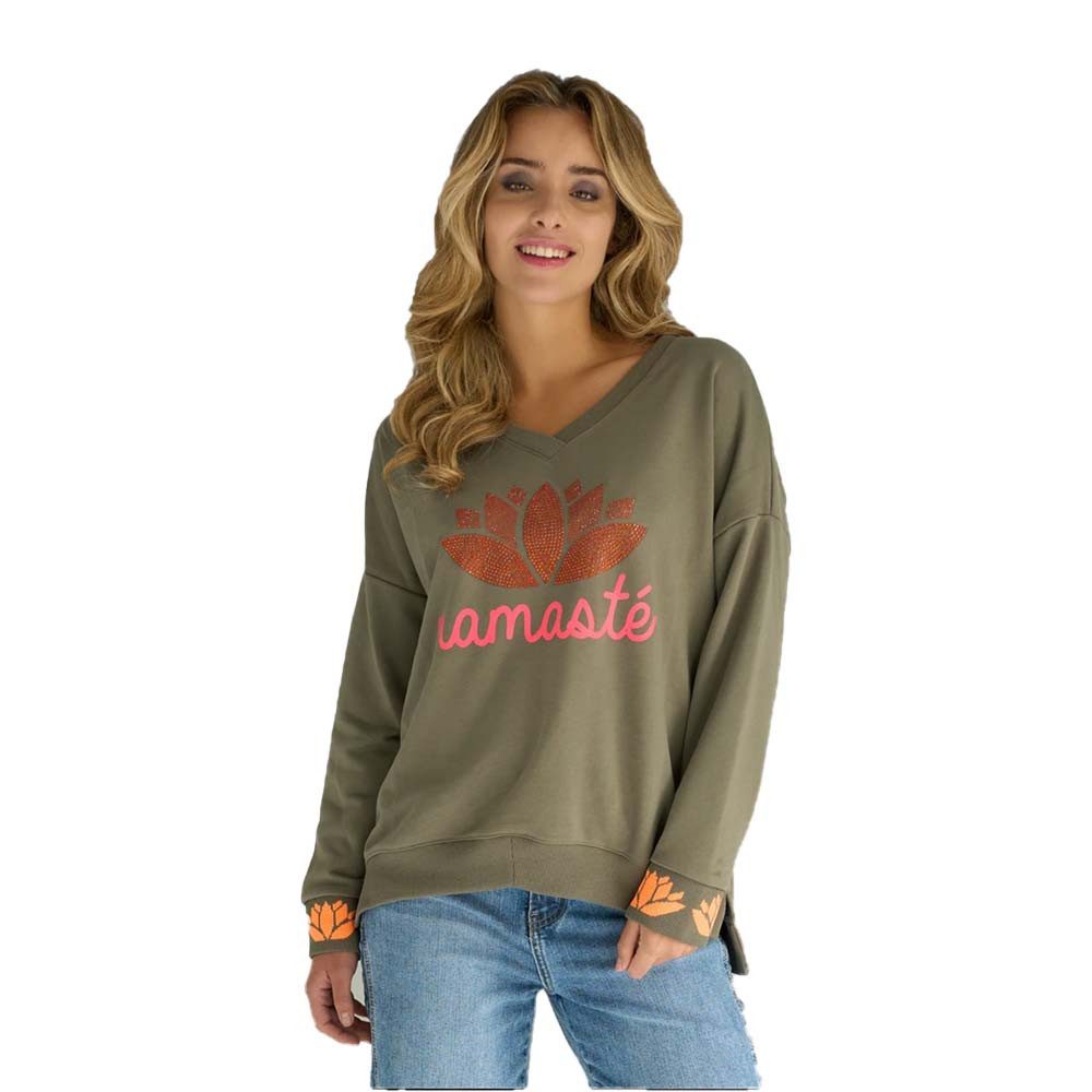 Miss Goodlife Sweatshirt V-Neck Namasté Strass MG12980 – olive günstig online kaufen