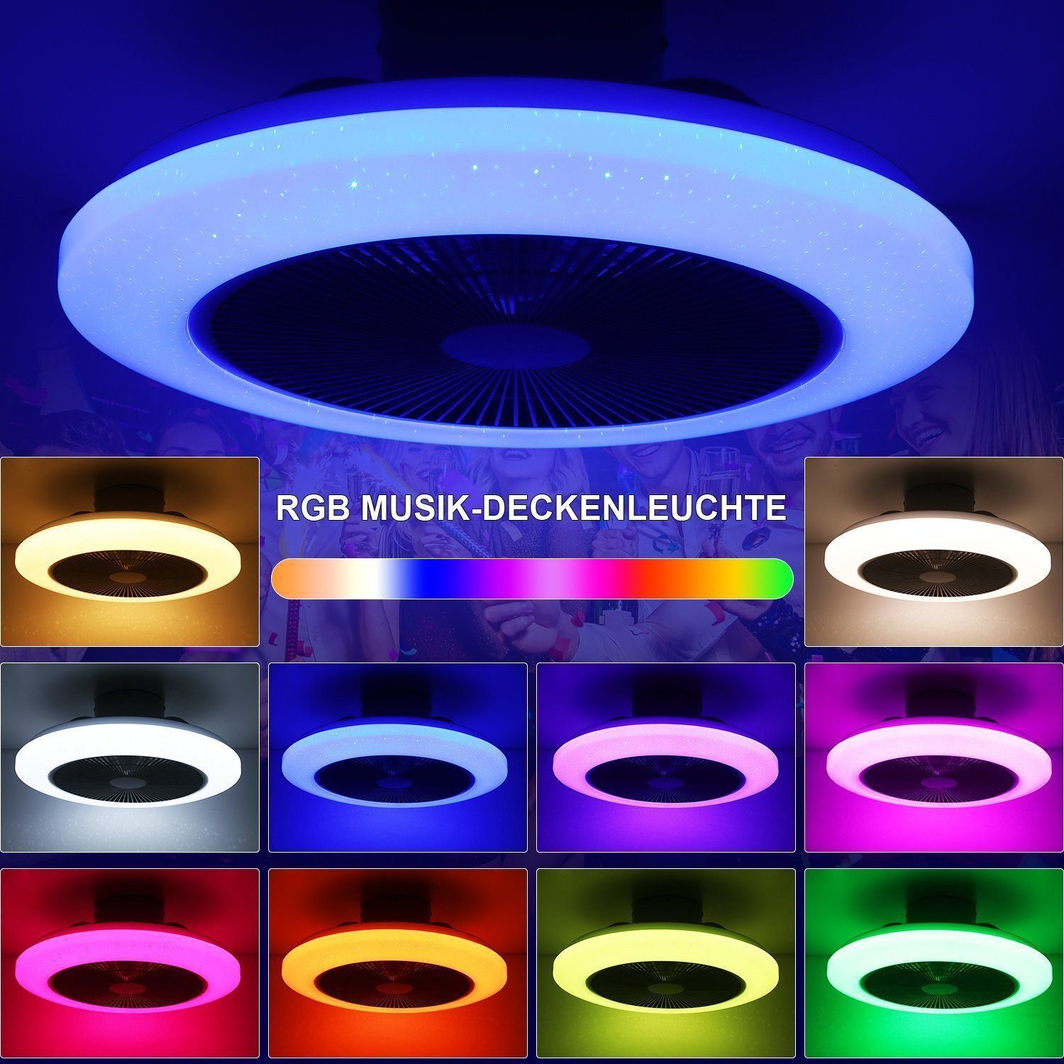 LETGOSPT Deckenleuchte Deckenventilator mit Beleuchtung 60W Dimmbar mit Fernbedienung, Ø50 cm, LED fest integriert, RGB Farbwechsel, Kaltweiß, Neutralweiß, Warmweiß, mit Bluetooth,Schlafzimmer Leise Ventilator für Wohnzimmer Küche Hotel