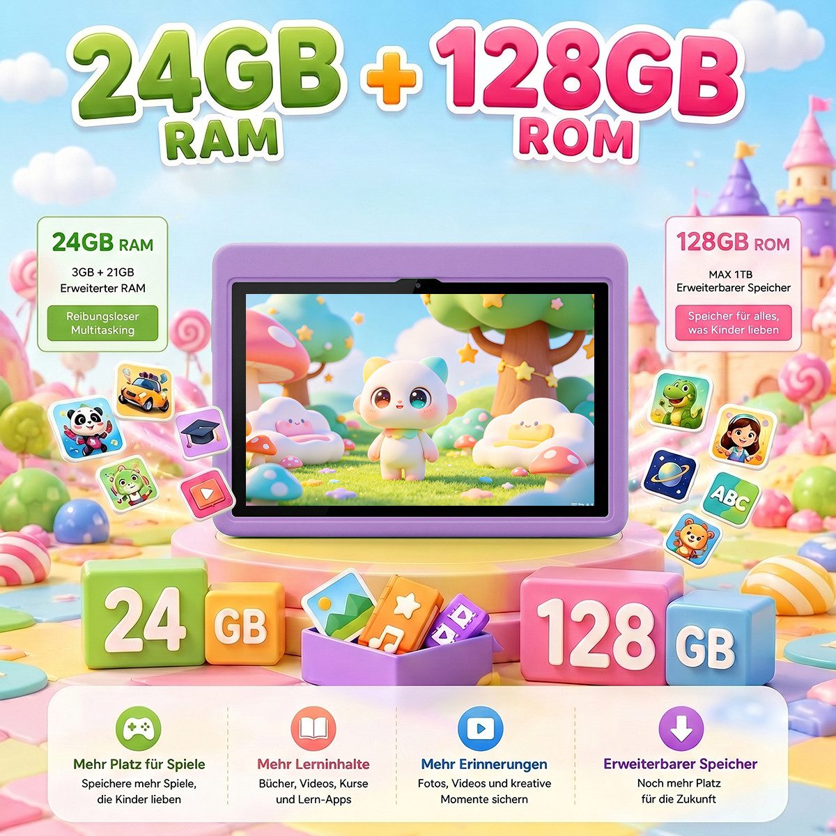 Happybe 10 Zoll 64GB/128GB Android 16 mit Hülle Kindersicherung WLAN Kinder Tablet (10.1", 128 GB, Android, 24(3+21)GB RAM, 6000 mAh) – Bild 4 von 5