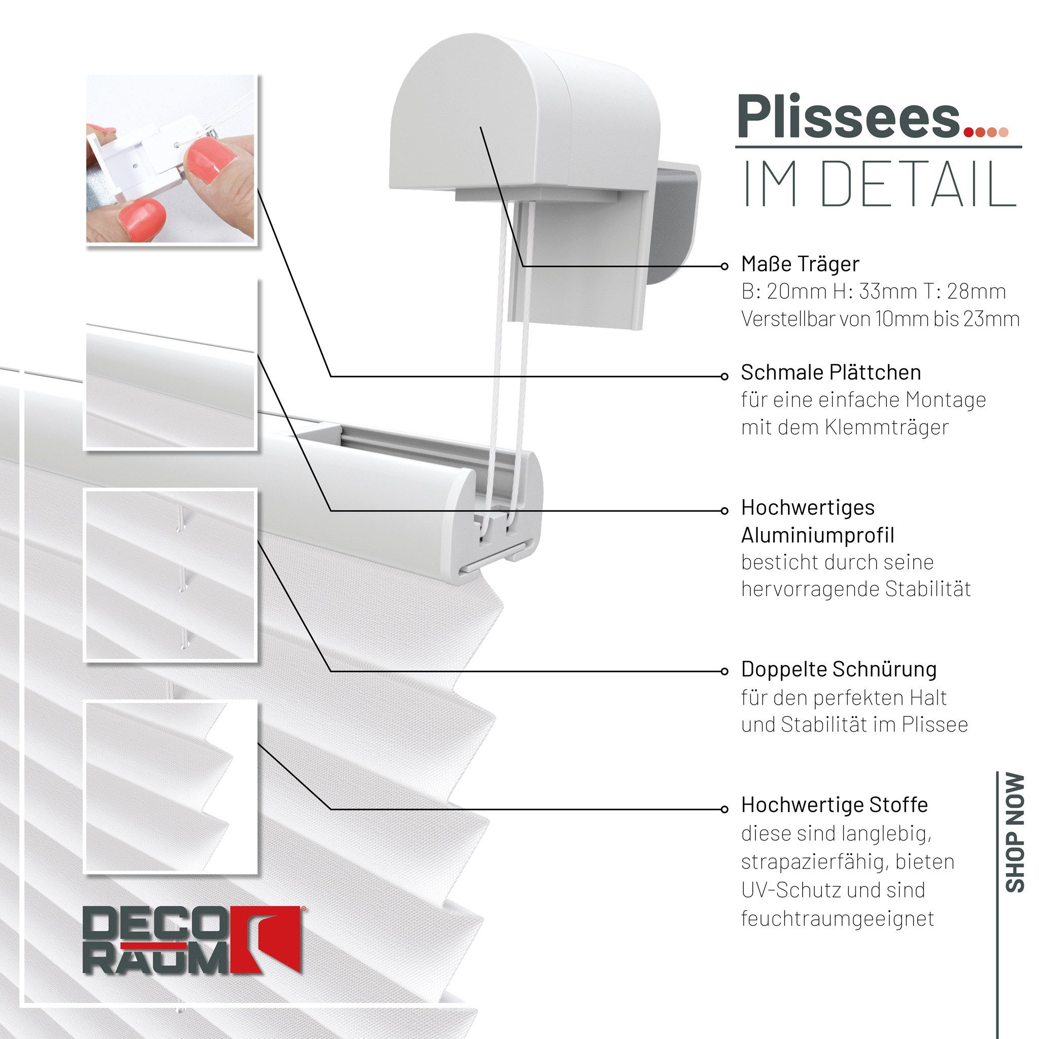 Deco-Raum Plissee Basic, blickdicht, Klemmträger, auf dem Fenster-/Türrahmen, Klemmfix, einfache Montage, in verschiedenen Farben und Größen ohne Bohren