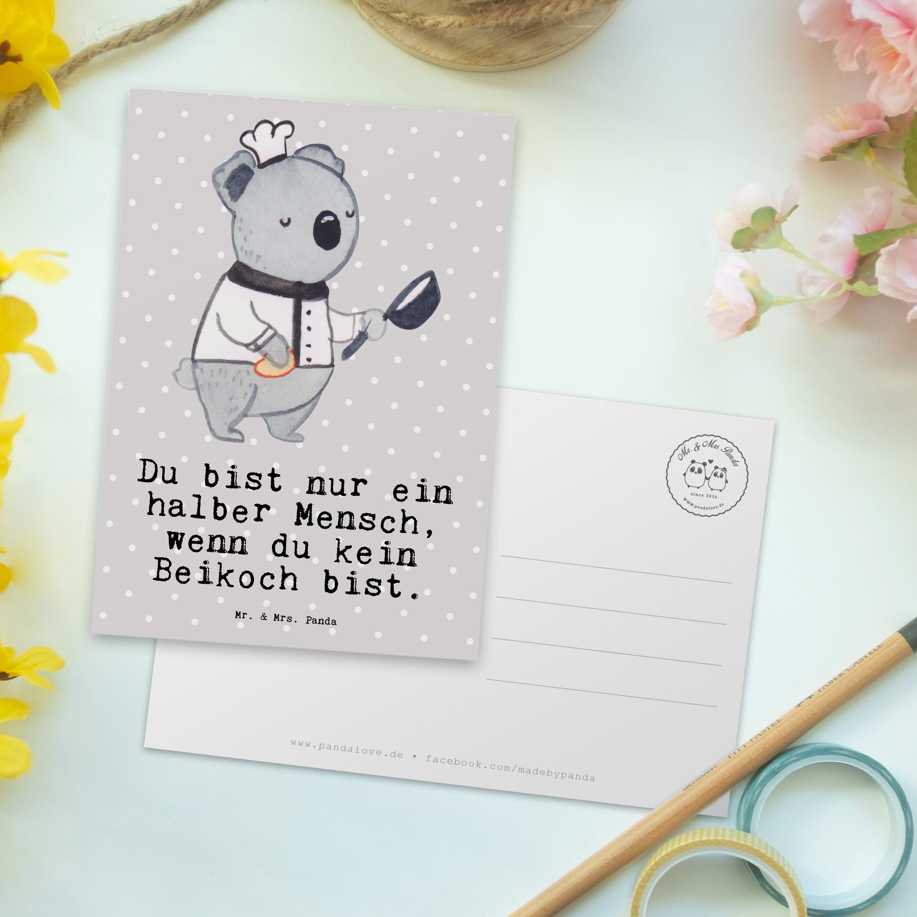 Panda Postkarte Grau - & Beikoch mit Beruf, Geschenk, Einladun Mr. - Jungkoch, Herz Mrs. Pastell