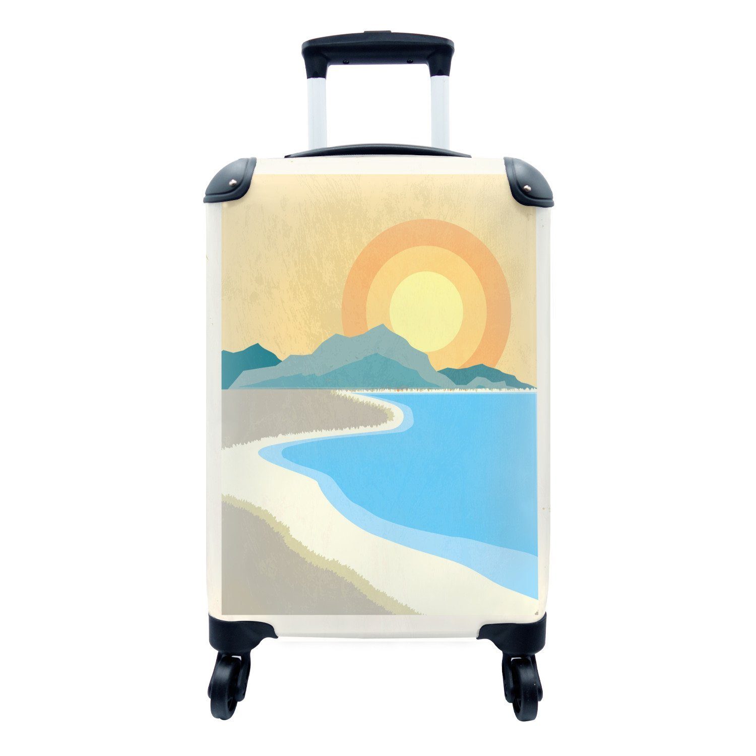 MuchoWow Handgepäckkoffer Retro-Illustration eines tropischen Strandes, 4 Rollen, Reisetasche mit rollen, Handgepäck für Ferien, Trolley, Reisekoffer