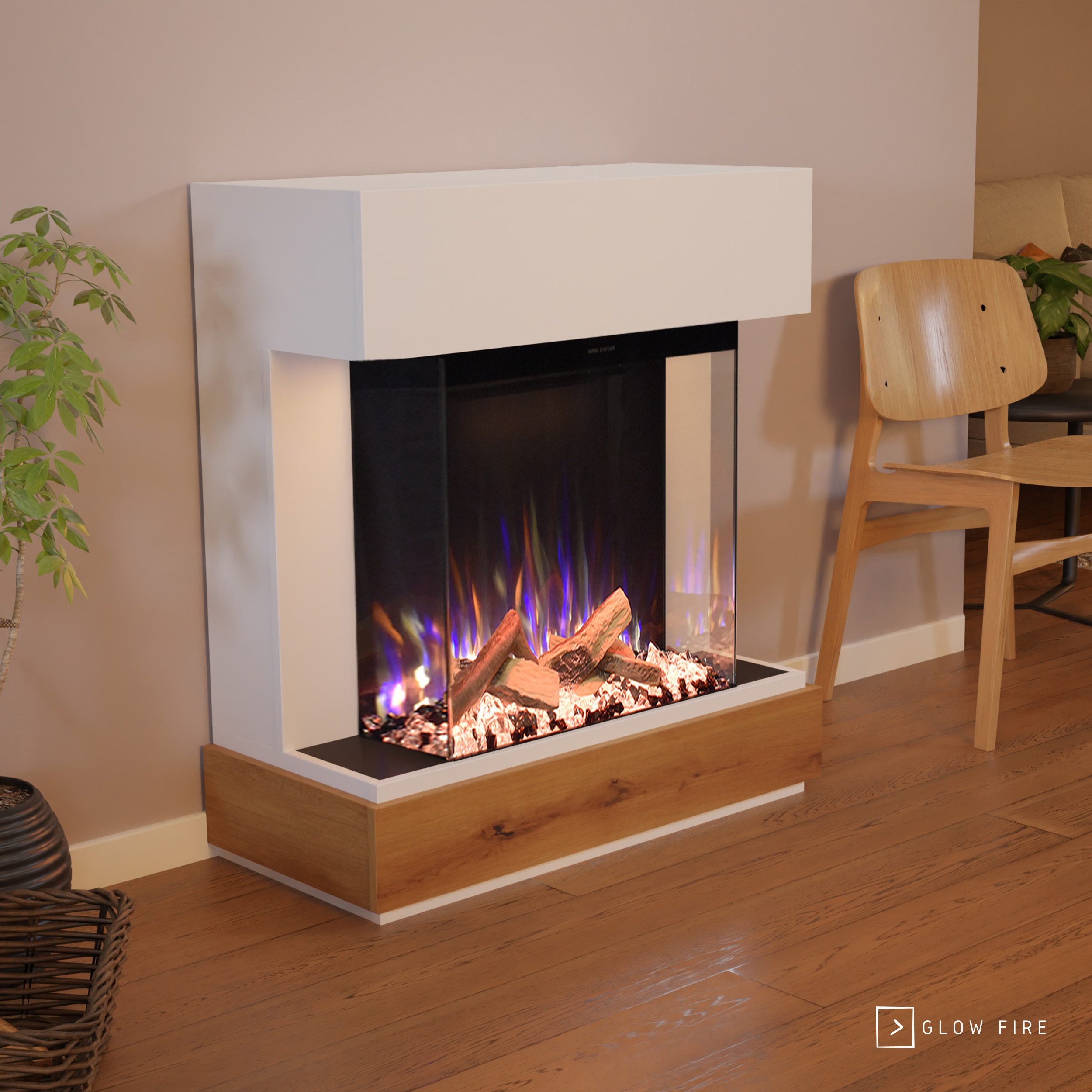 GLOW FIRE Elektrokamin PR13 E-Motion 3D, Elektrischer Kamin mit 3D Feuer mit Heizung, täuschend echte Flamme mit Heizung, 3 Dekorationen