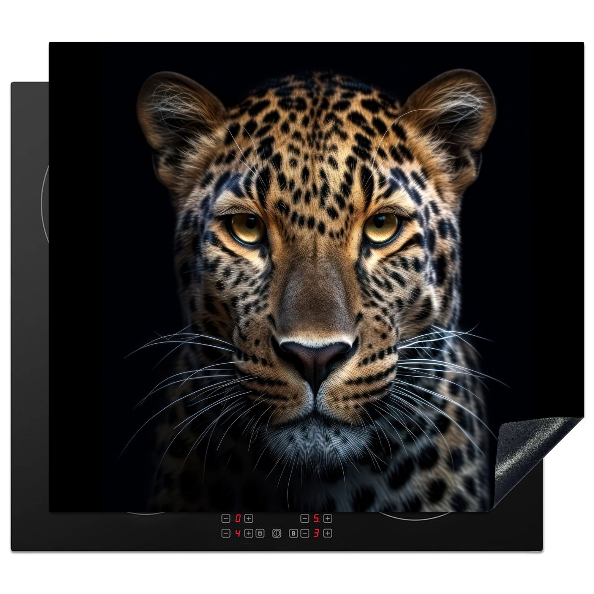 MuchoWow Herdblende-/Abdeckplatte Tiere - Leopard - Porträt - Schwarz, Vinyl, (1 tlg), 60x52 cm, Mobile Arbeitsfläche nutzbar, Ceranfeldabdeckung