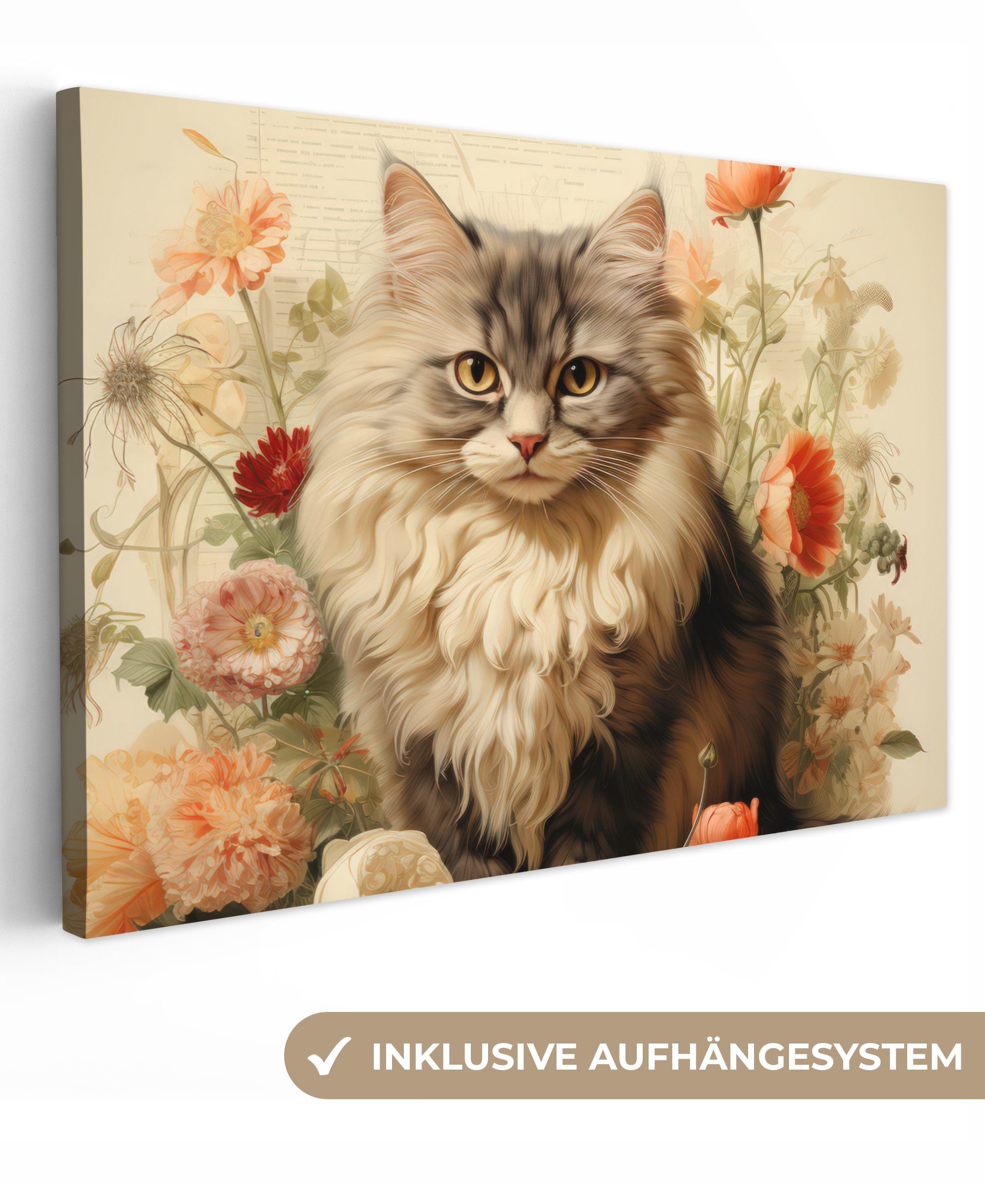OneMillionCanvasses® Leinwandbild Vintage - Katze - Blumen - Weiß - Natur - Tiere, (1 St), Wandbild Leinwandbilder, Aufhängefertig, Wanddeko, 30x20 cm | Leinwandbilder