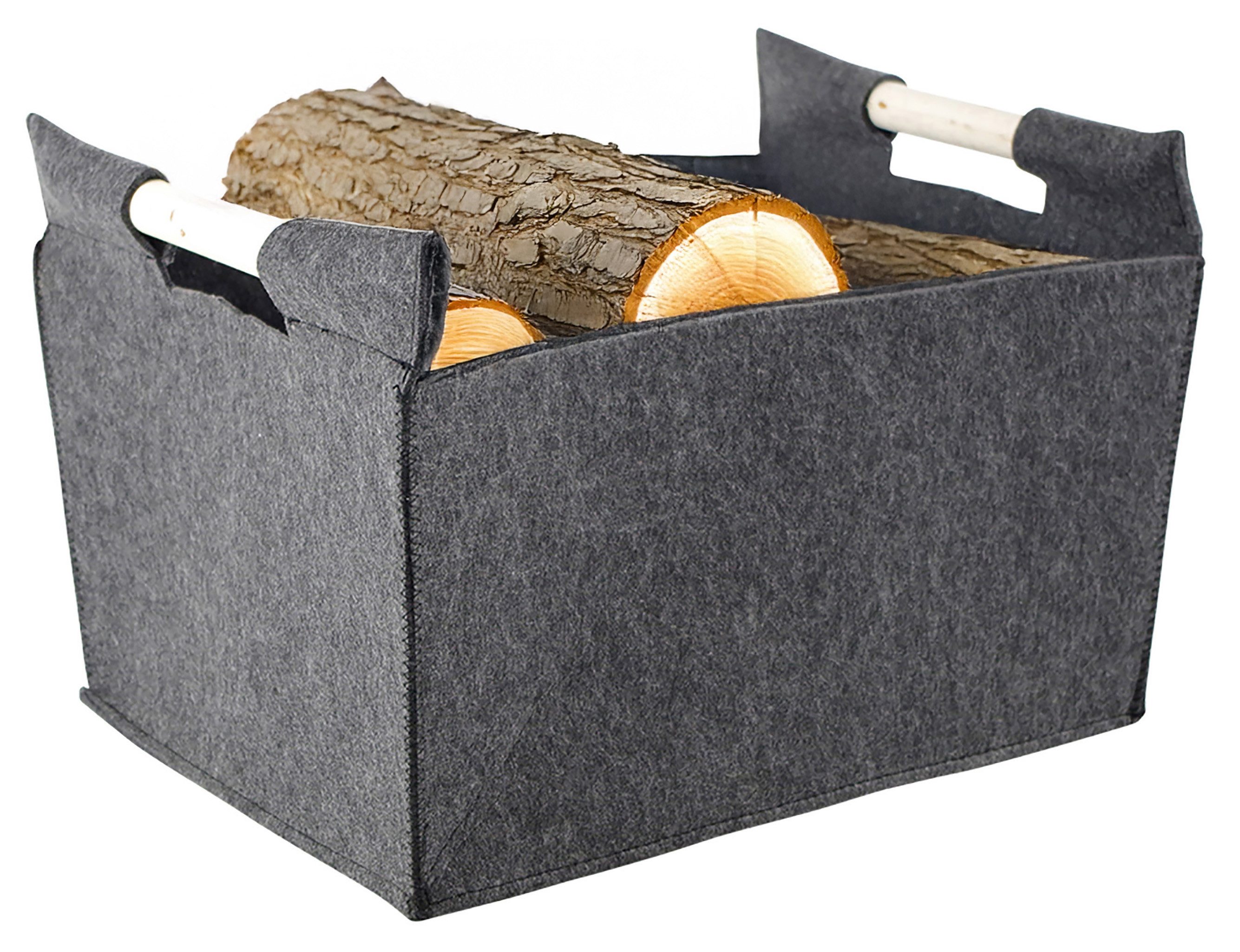 Kobolo Kaminholzkorb Allzweckkorb Holzgriffe Filz dunkelgrau 50x38x34cm (ohne Deckel)
