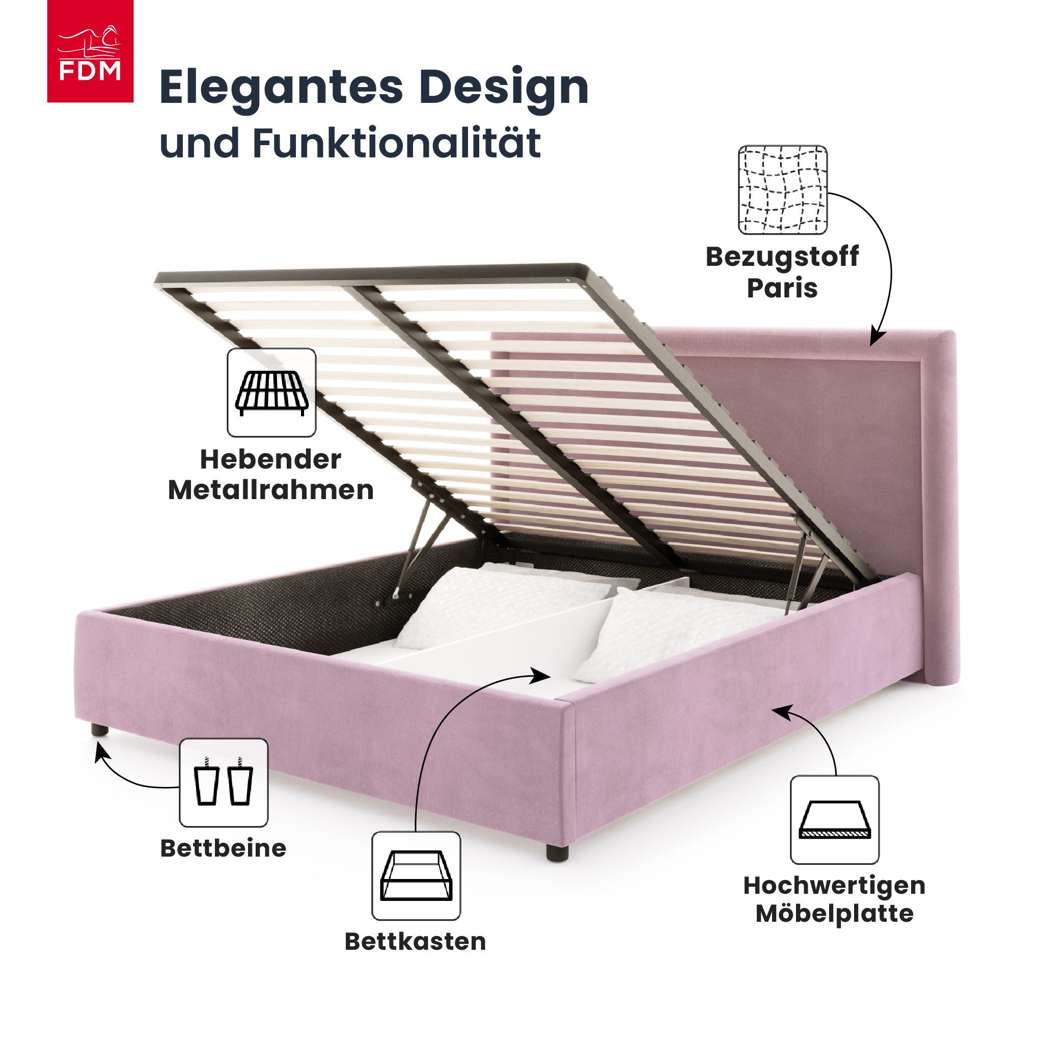 FDM Polsterbett BUSCA PARIS (verfügbar 90x200 120x200 140x200 160x200 180x200cm, Bettrahmen, Bett, mit großen gepolsterten Kopfteil, mit Bettkasten zum aufklappen), Hebbarer Metallrahmen, Bettkasten, mit/ohne Matratze