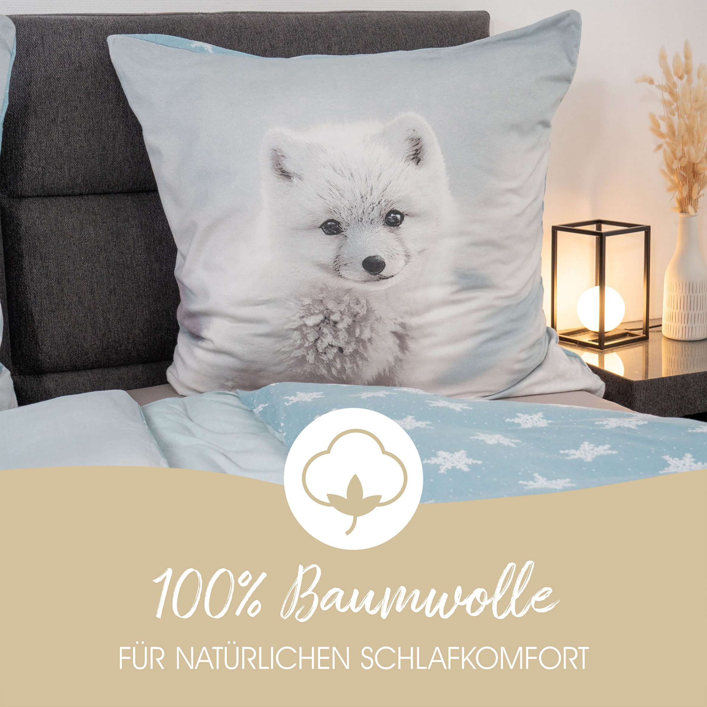 good morning Bettwäsche Comfort Baumwolle, Flanell, 2 teilig, Polarfuchs, Schneeflocken, Wendebettwäsche – Bild 4 von 5