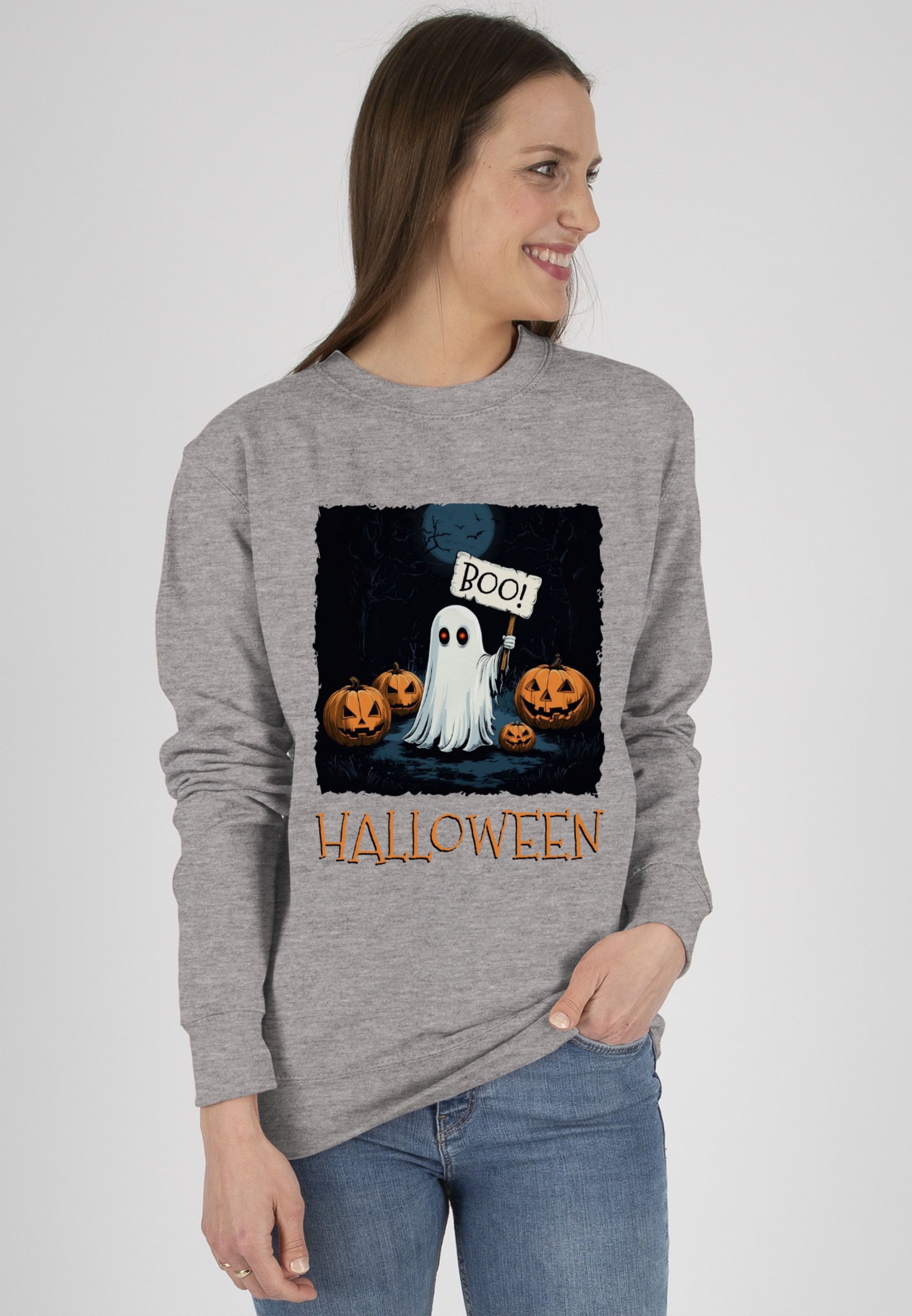 Shirtracer Sweatshirt Boo Geist Halloween I Spukwald im Vollmond I Gruselnacht, Gruslig, S (1-tlg) Halloween Kostüme Damen