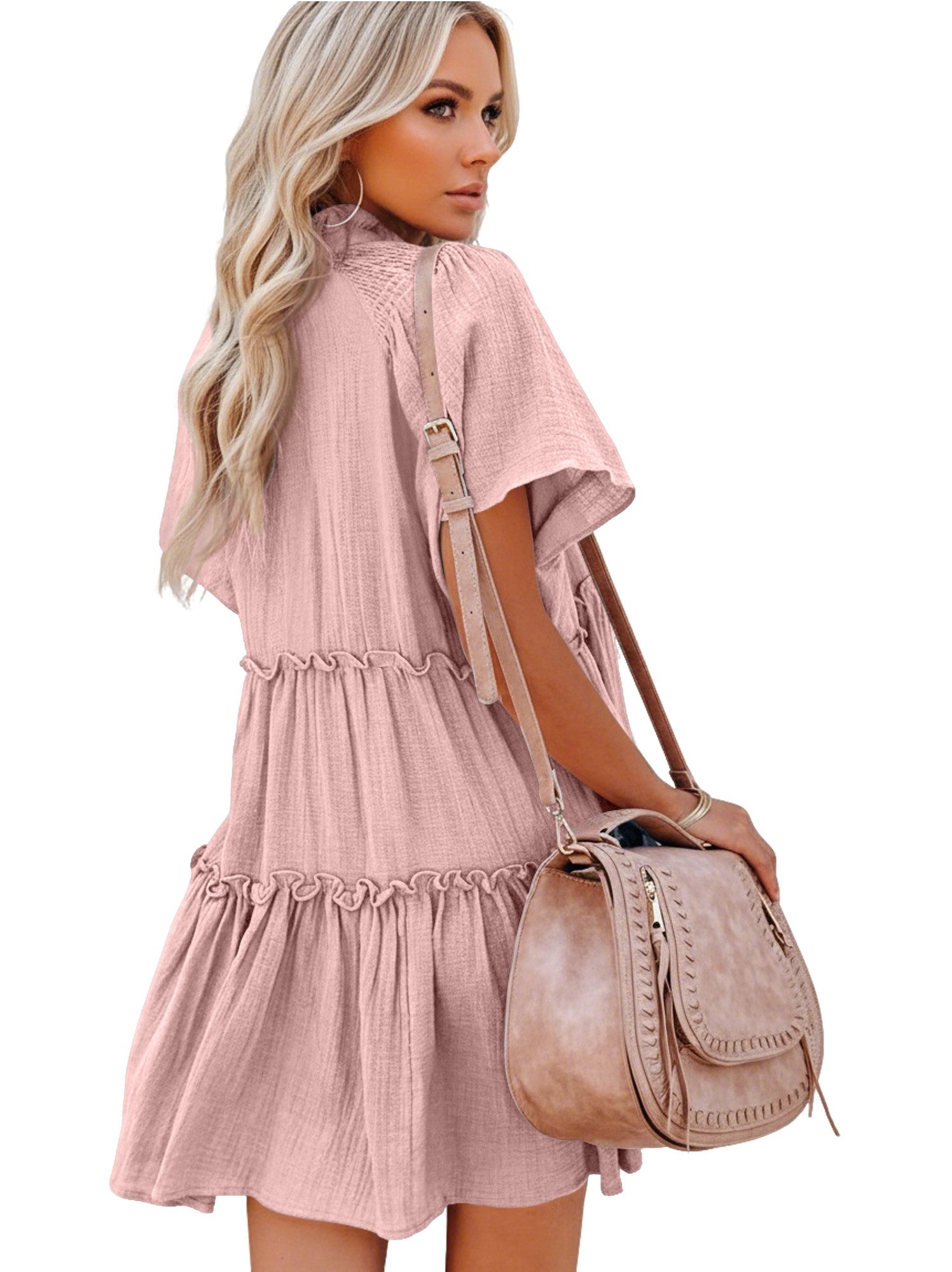 Imily Bela Minikleid Damen Sommer mit Stehkragen kurzen Ärmeln Rüschen Casu günstig online kaufen