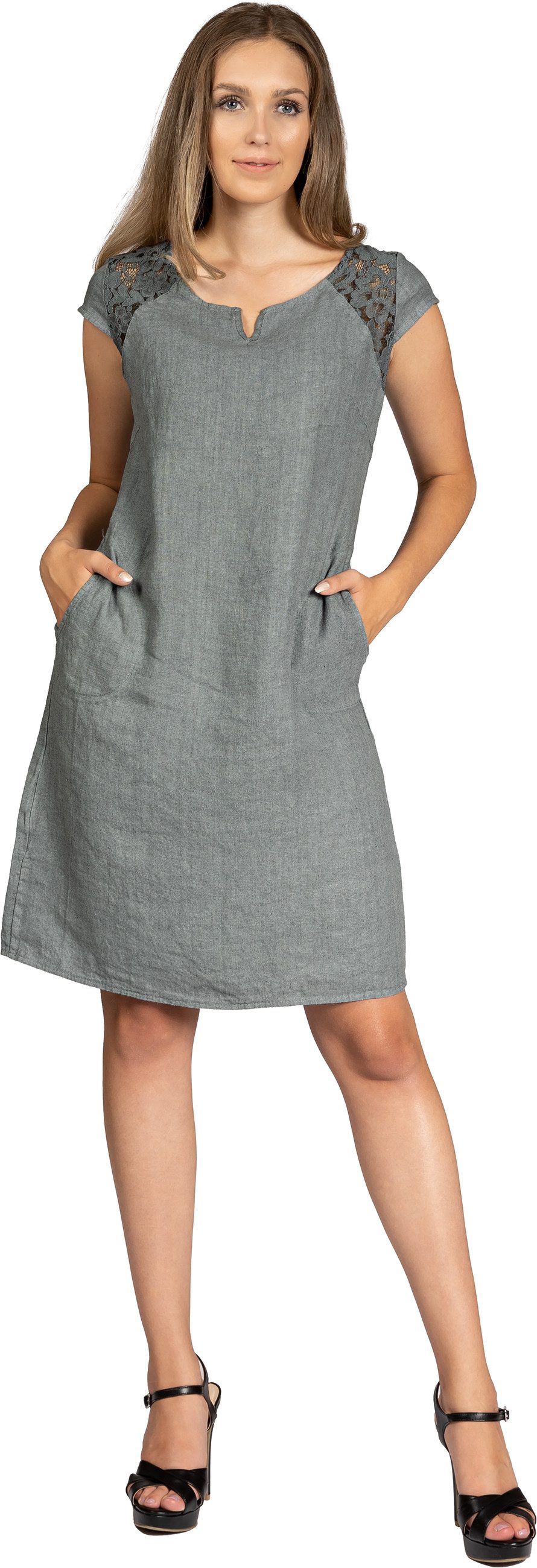 Caspar Sommerkleid SKL042 Damen Sommer Leinenkleid mit dezentem Spitzeneinsatz Luftig leicht, figurumspielende Form, mit seitlichem Jersey-Einsatz
