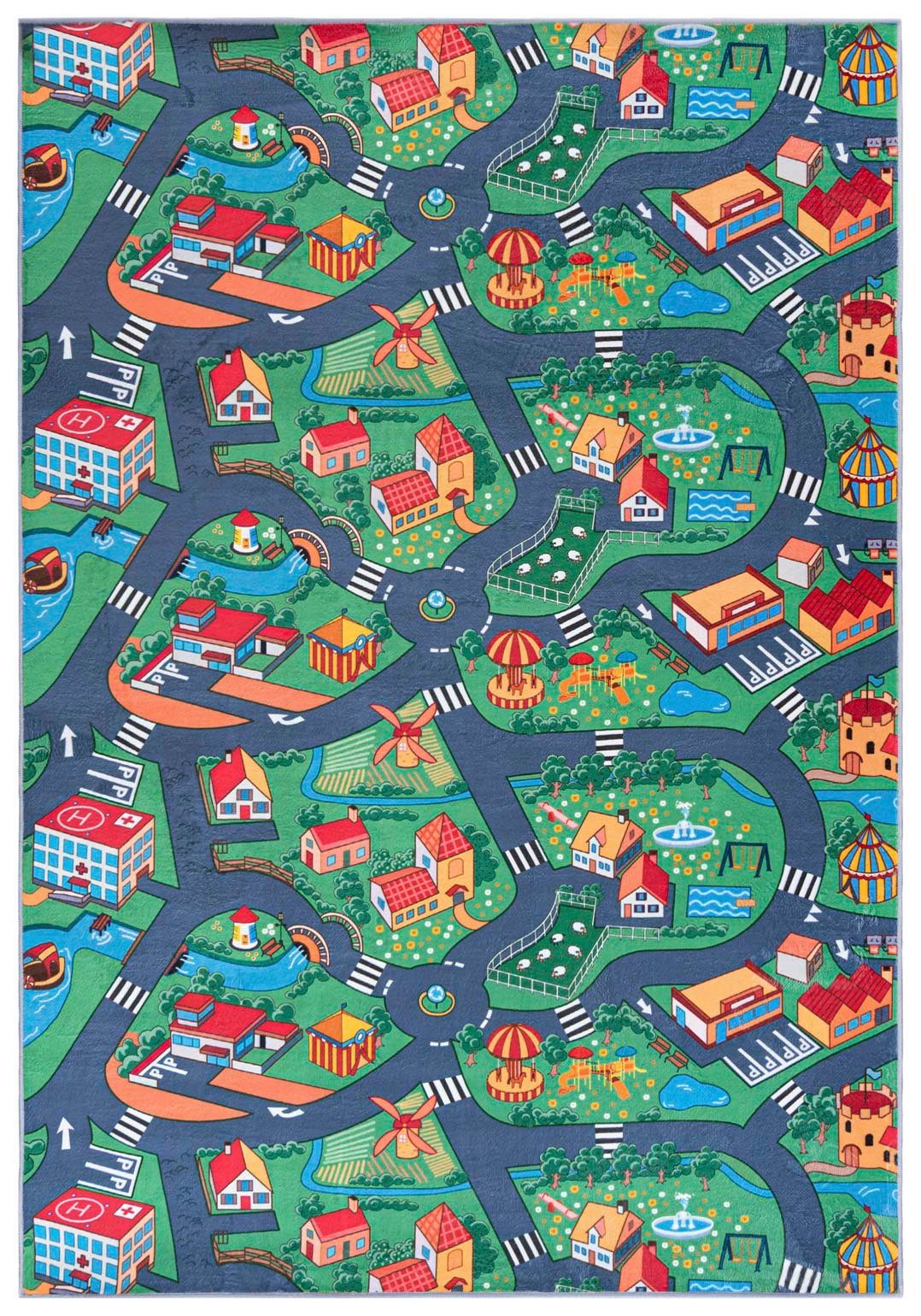 Kinderteppich Kinderteppich Spiel Teppich Kinderzimmerteppich Straße Grün Grau, Mazovia, 200 x 300 cm, Fußbodenheizung, Allergiker geeignet, Rutschfest