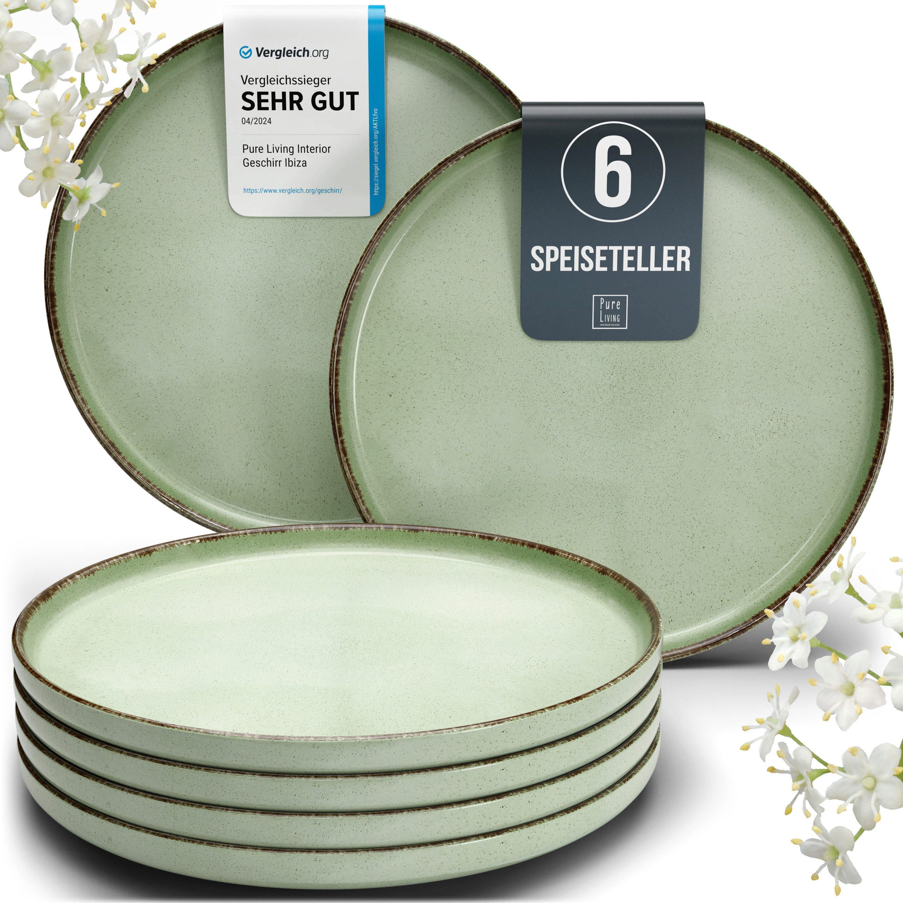 PURE LIVING INTERIOR DESIGN Geschirr-Set Rustic Speisseteller, Dinnerteller, 6er-Set, 26 cm, Mintgrün (6-tlg), 6 Personen, Steingut