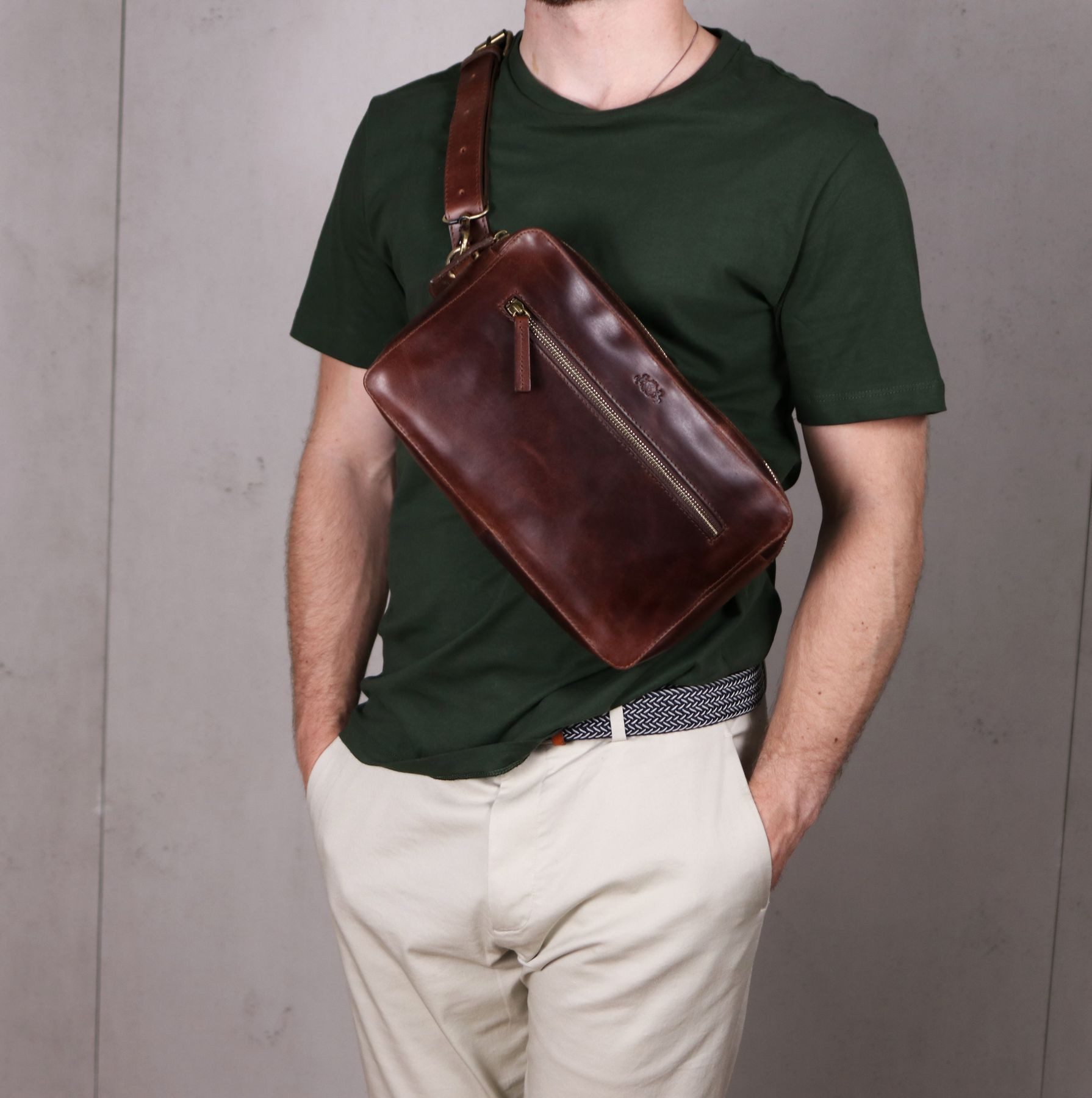 SID & VAIN Bauchtasche echt Leder hipbag groß Ledertasche braun OSCAR, Umhängetasche echt Leder Unisex, Umhängetasche braun-cognac