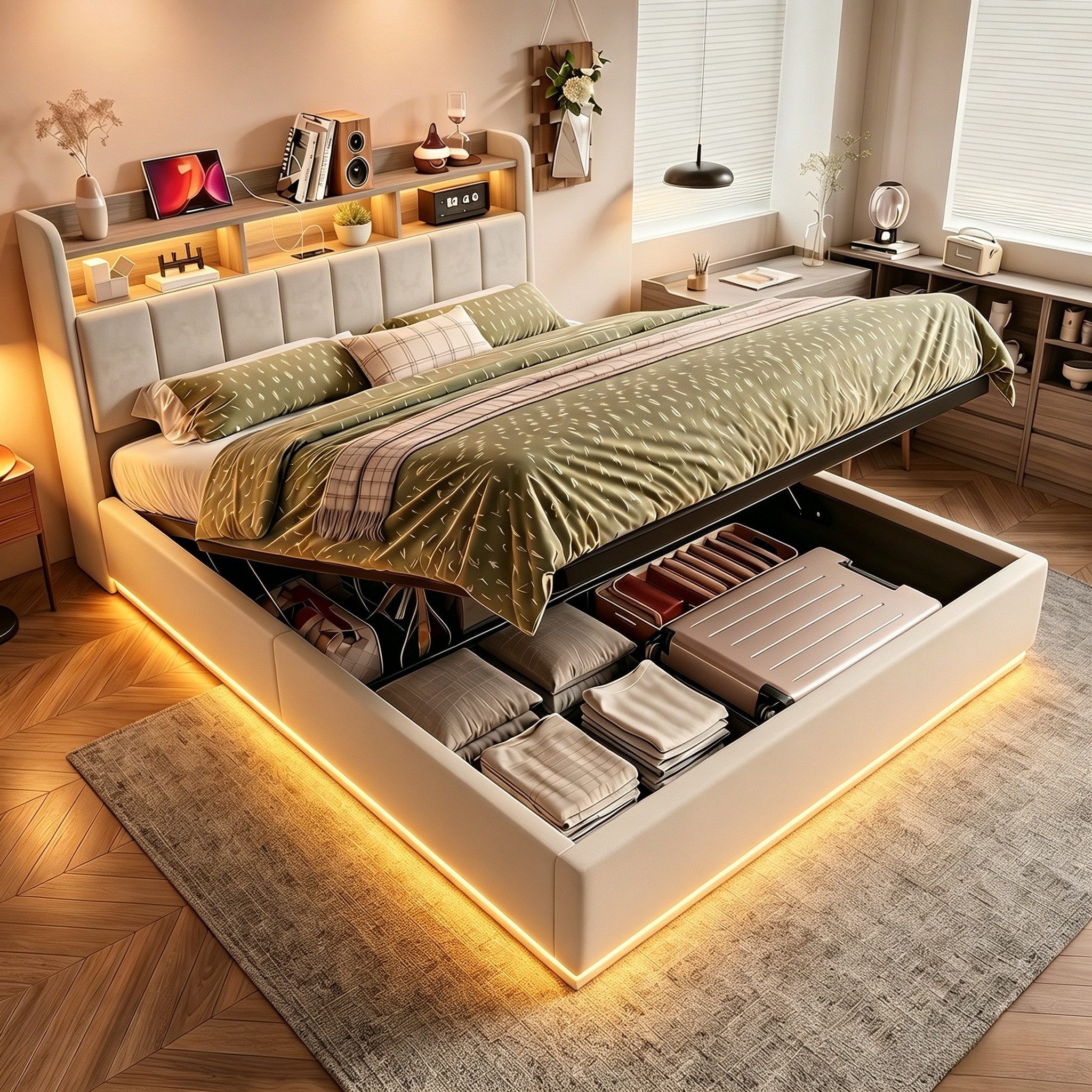 Gdood Polsterbett Stauraumbett LED Doppelbett (1-tlg., Ausgestattet mit hydraulischem Bettkasten), Mit LED-Beleuchtung, Ladefunktion, Stauraumkopfteil, Samt, 160x200 cm
