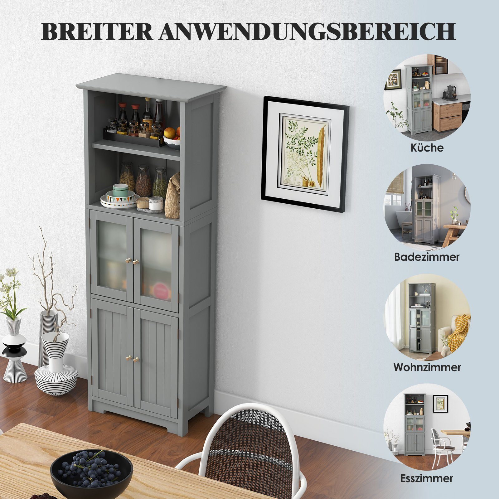 COSTWAY Hochschrank Bad, Küchschrank mit verstellbarem Regal, Holz weiß 163cm