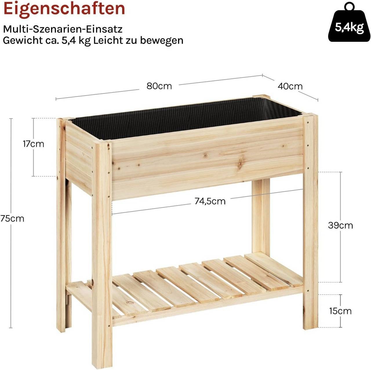 Woltu Hochbeet (1 St), mit Blumenkasten Ablageboden Folie, 80x75x40 cm
