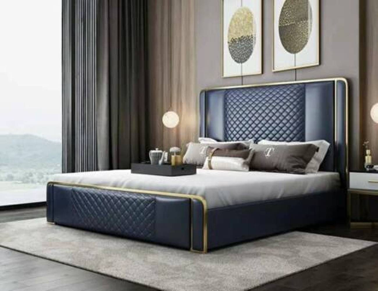 Betten 180x200 Hotel Schlaf Lederbett, Ehe Doppel Blau Leder Metall JVmoebel Designer Bett