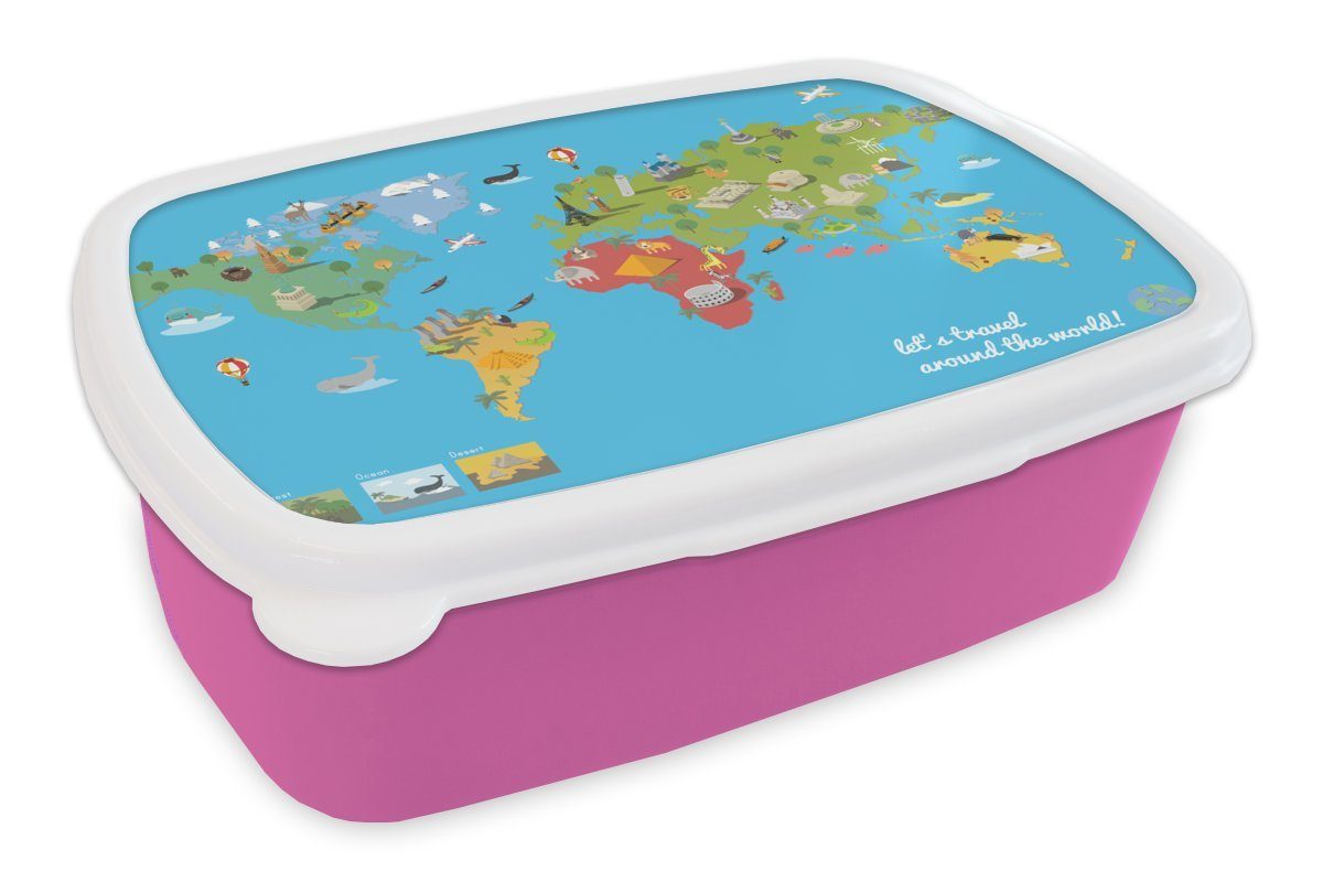 rosa Erwachsene, für Kinder (2-tlg), Lunchbox Kinder, Symbole, Brotdose Kunststoff, MuchoWow - Snackbox, Kunststoff Brotbox - Mädchen, Modern Weltkarte