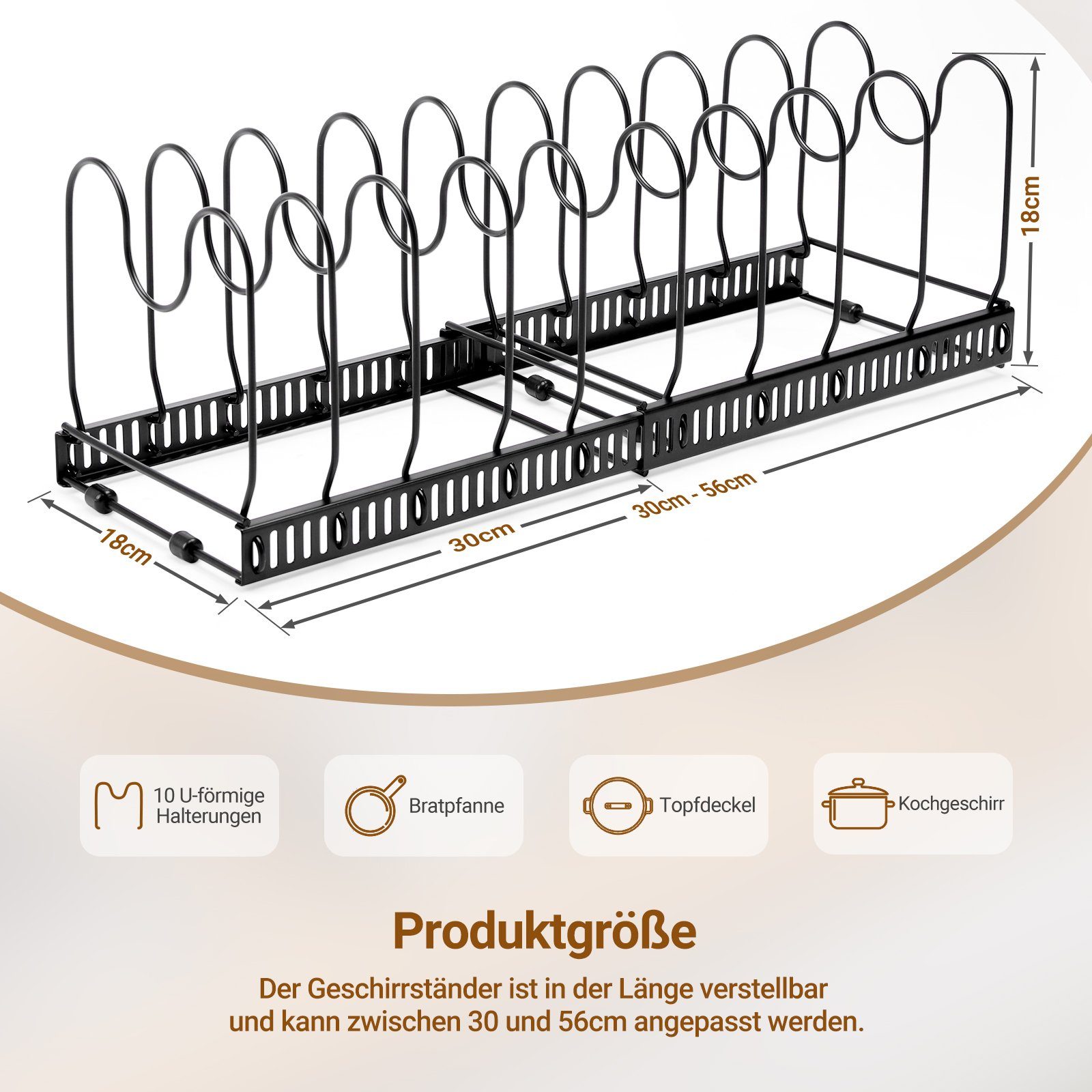 Yorbay Küchenregal Erweiterbarer Geschirrständer 10 für Pfannen Pfannen und mit verstellbaren Teleskopregal, Pfannenhalter Halterungen, Topfdeckel Topfdeckelhalter, Schwarz Organizer Ausziehbar