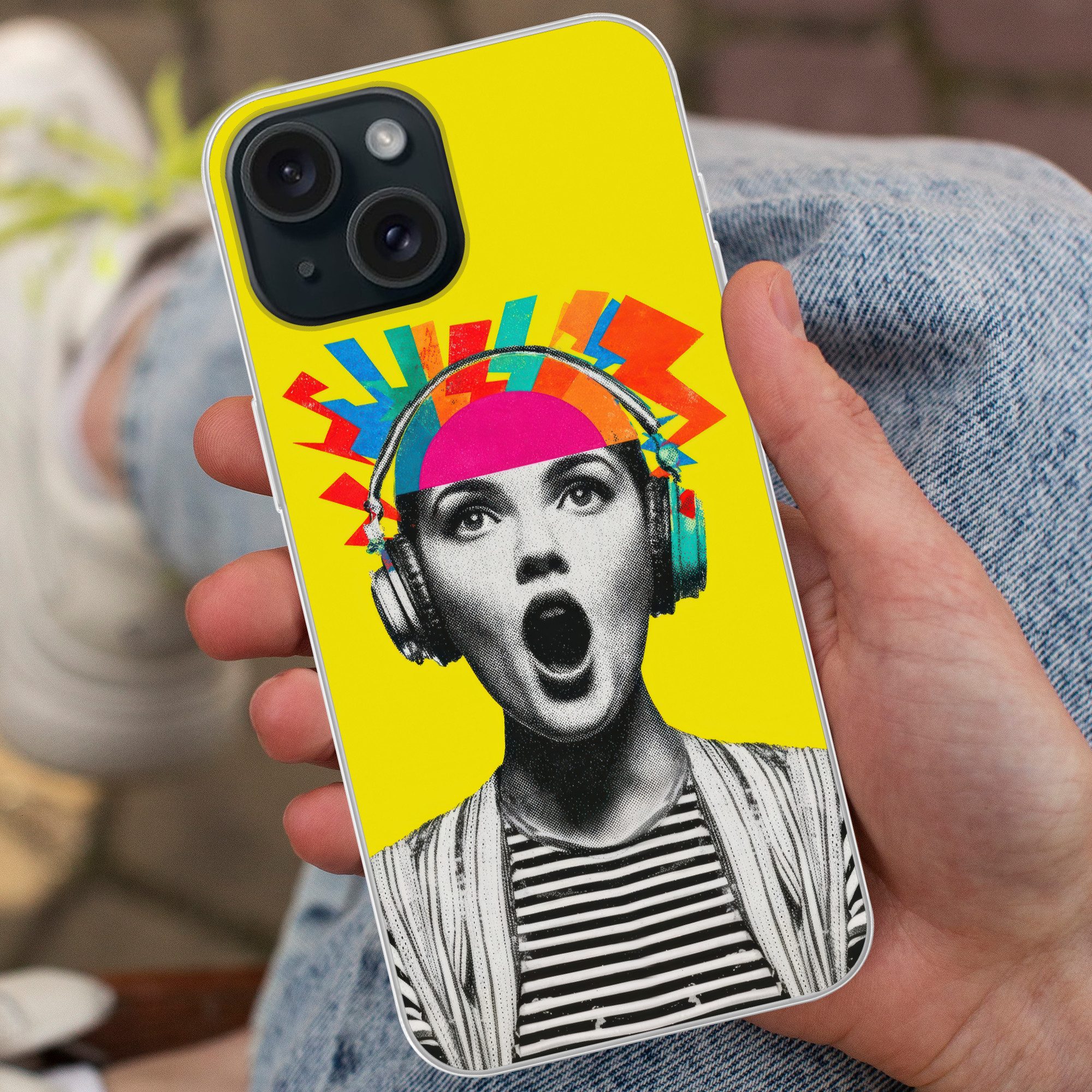 MuchoWow Handyhülle für Apple iPhone 15 Frau - Kopfhörer - Gelb, Smartphone-Bumper, Print, Handy Schutzhülle Dünn