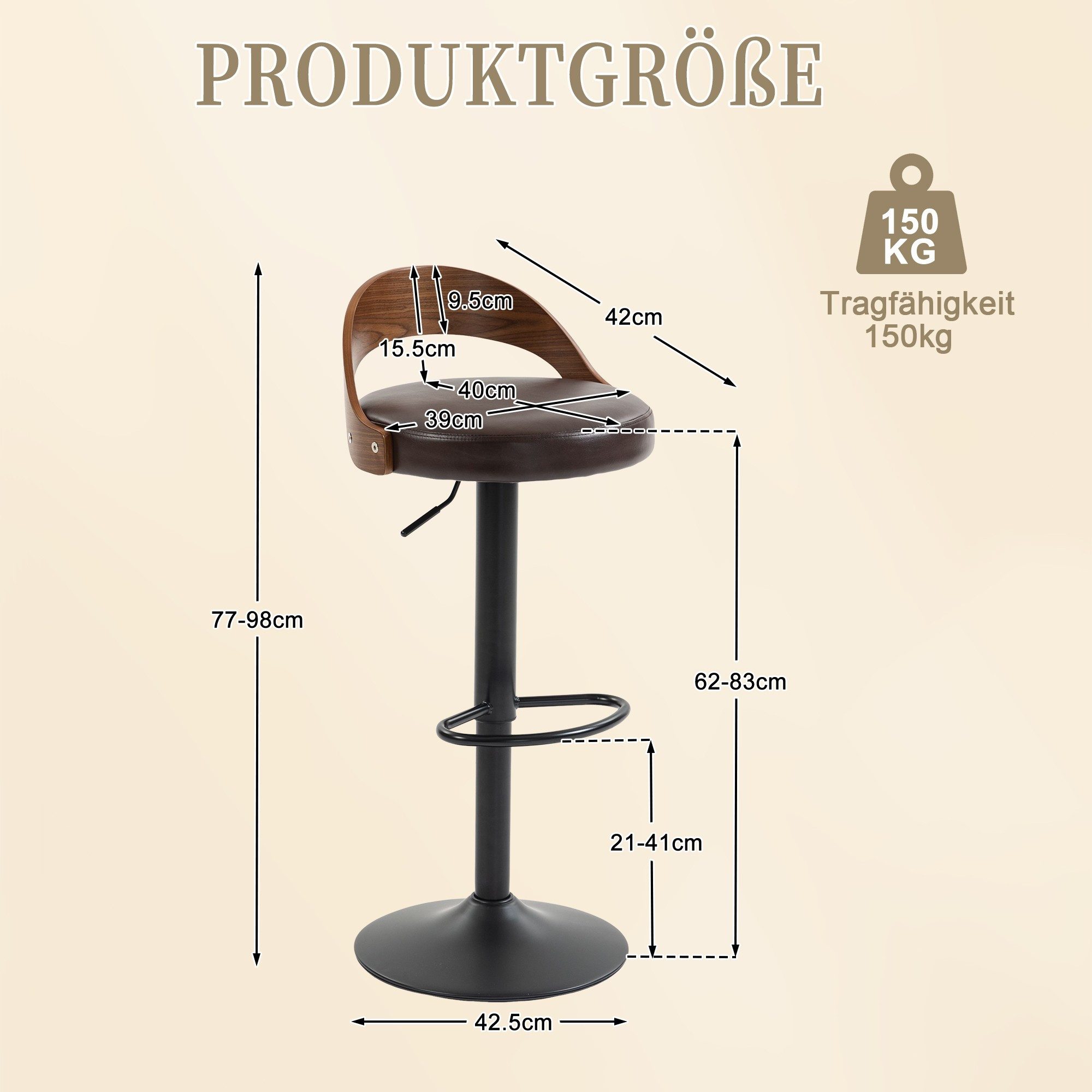 LVHOM Barhocker 360° drehbarer, höhenverstellbarer Barstühle mit Fußstütze,2er Set (PU-Leder, geschwungene Rückenlehne aus Holz, atmungsaktiv und komfortabel, runder Fuß (42,5 cm Durchmesser), Tragkraft 150 kg), ideal für Wohnzimmer, Küchen, Bars, Balkone, Partys, Cafés und Kneipen