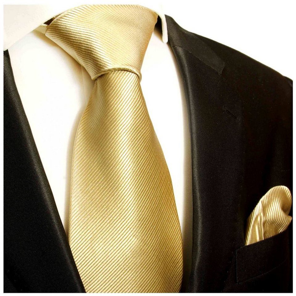 Paul Malone Krawatte Seidenkrawatte und Tuch Herren uni gestreift 100%  Seide (Set, 2-St., Krawatte mit Einstecktuch) Schmal (6cm), gold 804