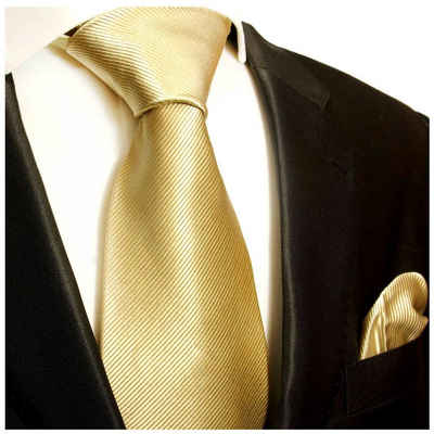 Paul Malone Krawatte Seidenkrawatte und Tuch Herren uni gestreift 100% Seide (Set, 2-St., Krawatte mit Einstecktuch) Breit (8cm), gold 804