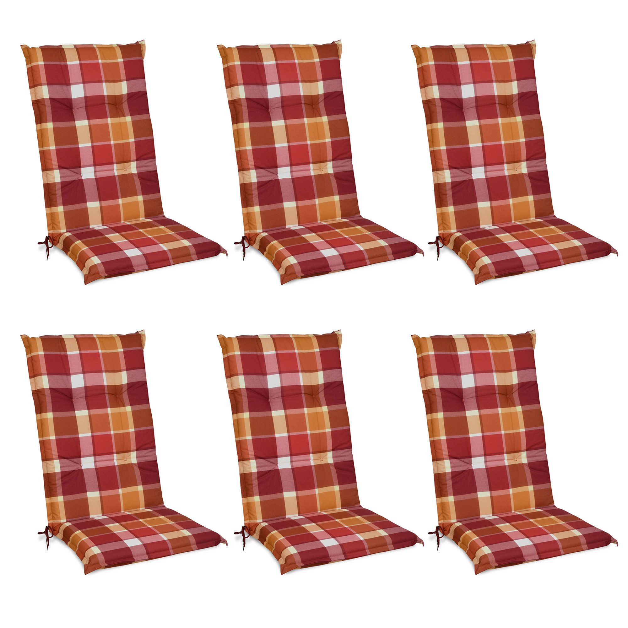 Beautissu Hochlehnerauflage 6er Set Hochlehner Auflagen Set 120x50 cm Polster Rot Kariert, 6cm Dicke Polsterauflage rutschfest UV-Lichtecht 5 Stuhlkissen