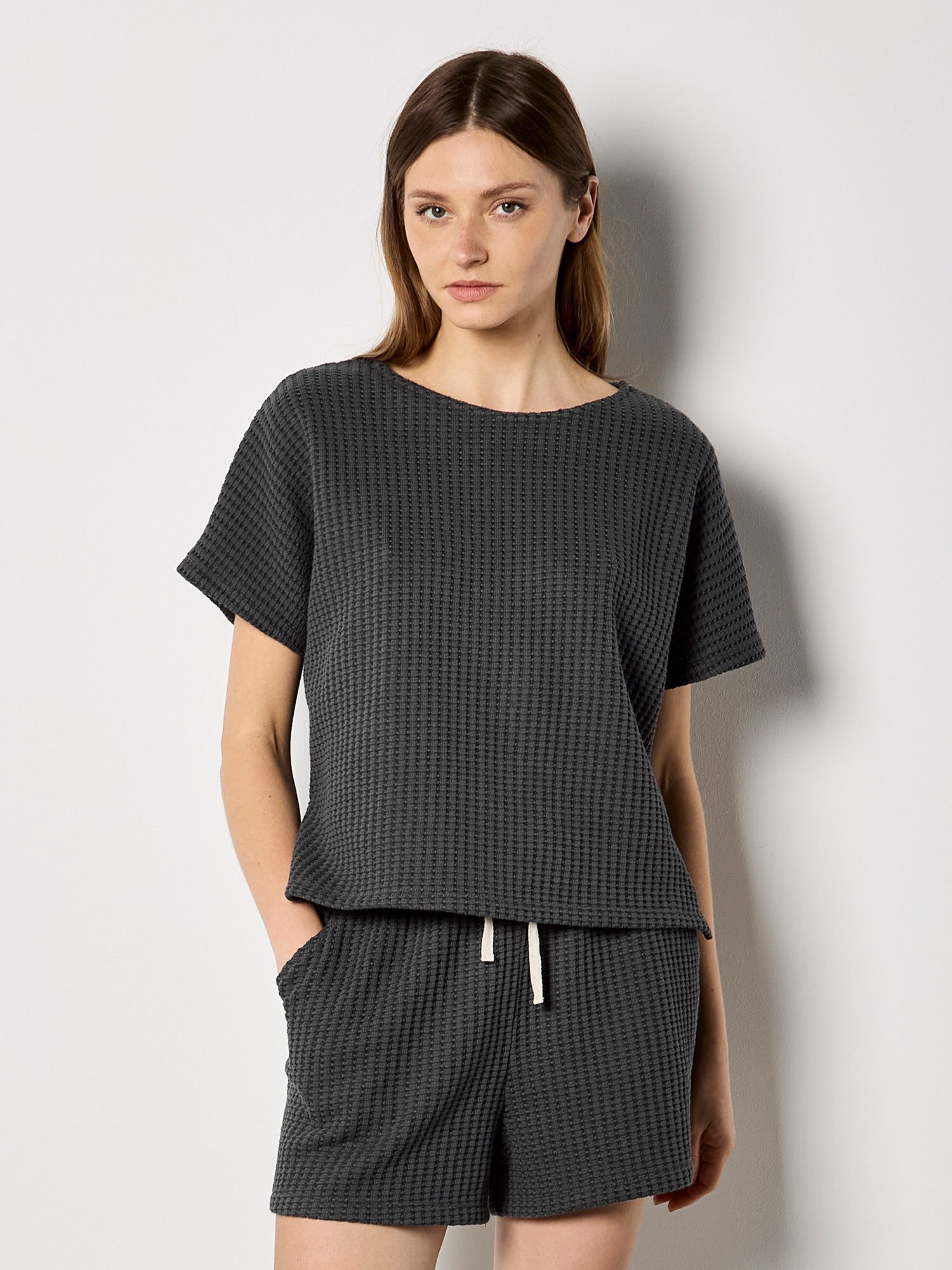 Apricot T-Shirt Oversized-T-Shirt aus Waffelstrick Einfarbig