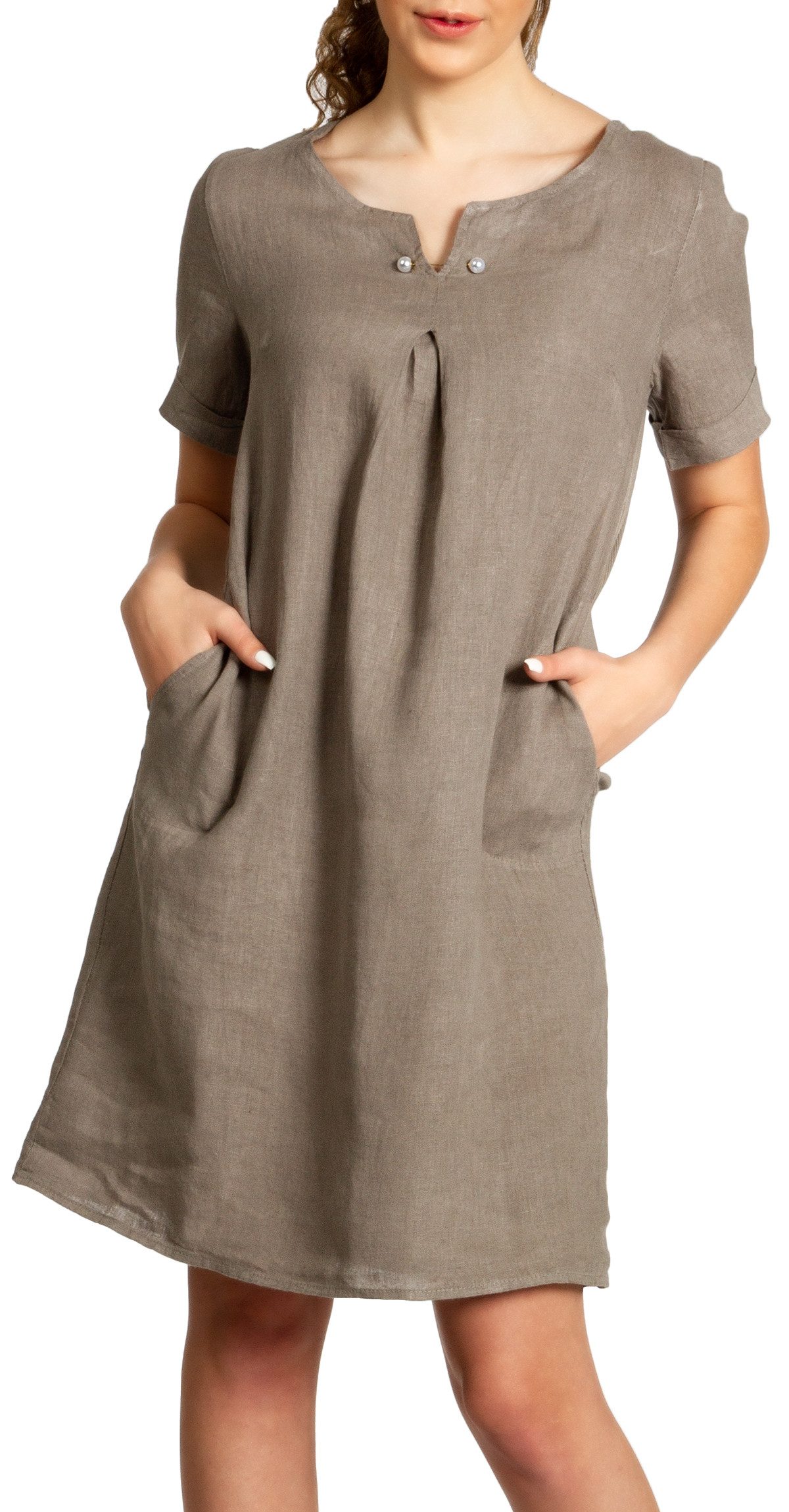 Sommerkleid SKL029 knielanges Damen Sommer Leinenkleid mit elegantem Perlen Dekor