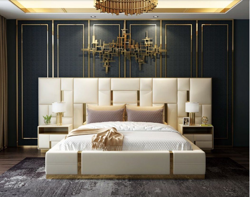 JVmoebel Schlafzimmer-Set Luxus Design Bett + 2 Nachttische Leder Schlafzimmer-Set XXL Sofort, (3-St., Bett, 2x Nachttiische), Made in Europa