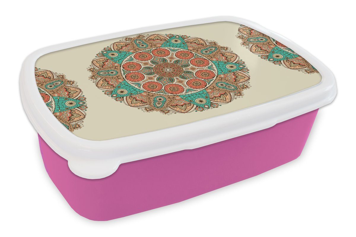 MuchoWow Lunchbox Mandala - Muster - Pfau, Kunststoff, (2-tlg), Brotbox für Erwachsene, Brotdose Kinder, Snackbox, Mädchen, Kunststoff rosa