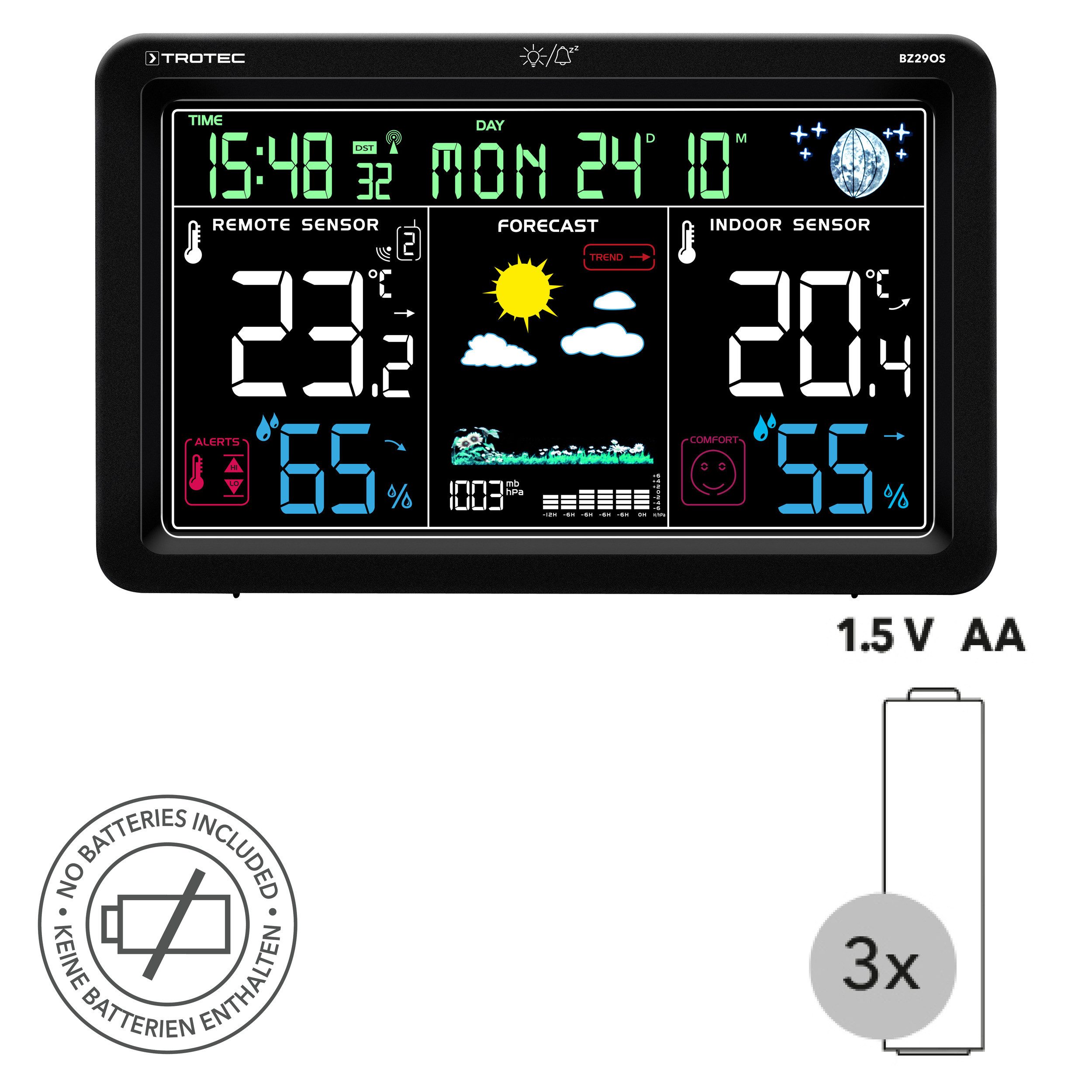 TROTEC BZ29OS Funkwetterstation (measuring_device,operating_manual,power_adapter,usb_cable, Trend-Anzeige für Temperatur, Luftfeuchtigkeit und Wetter)