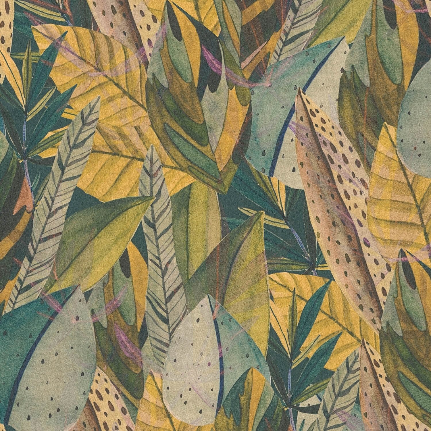 Profhome Vliestapete 782201-GU Natur Tapete Floral matt grün gelb-oliv türkis-blau, glatt, (1 Rolle, 5,33 qm), heißgeprägte Vliestapete, grüngelb