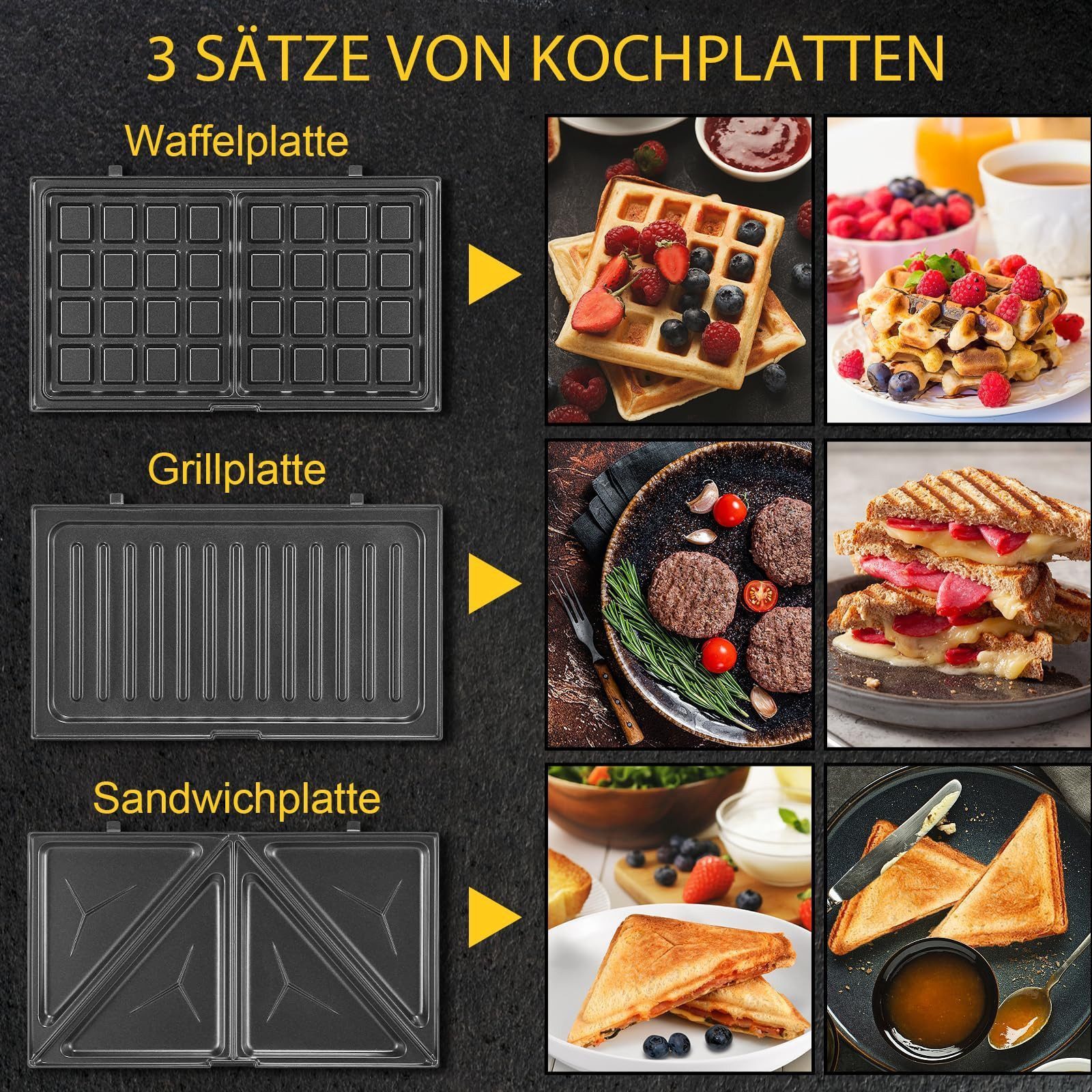 Toomoke 3-in-1-Kombi-Waffeleisen Waffeleisen, Sandwichmaker 3 in 1, Multifunktionsgerät Doppel, 760 W, 3 Abnehmbare Platten, Antihaftbeschichtung, LED-Leuchten