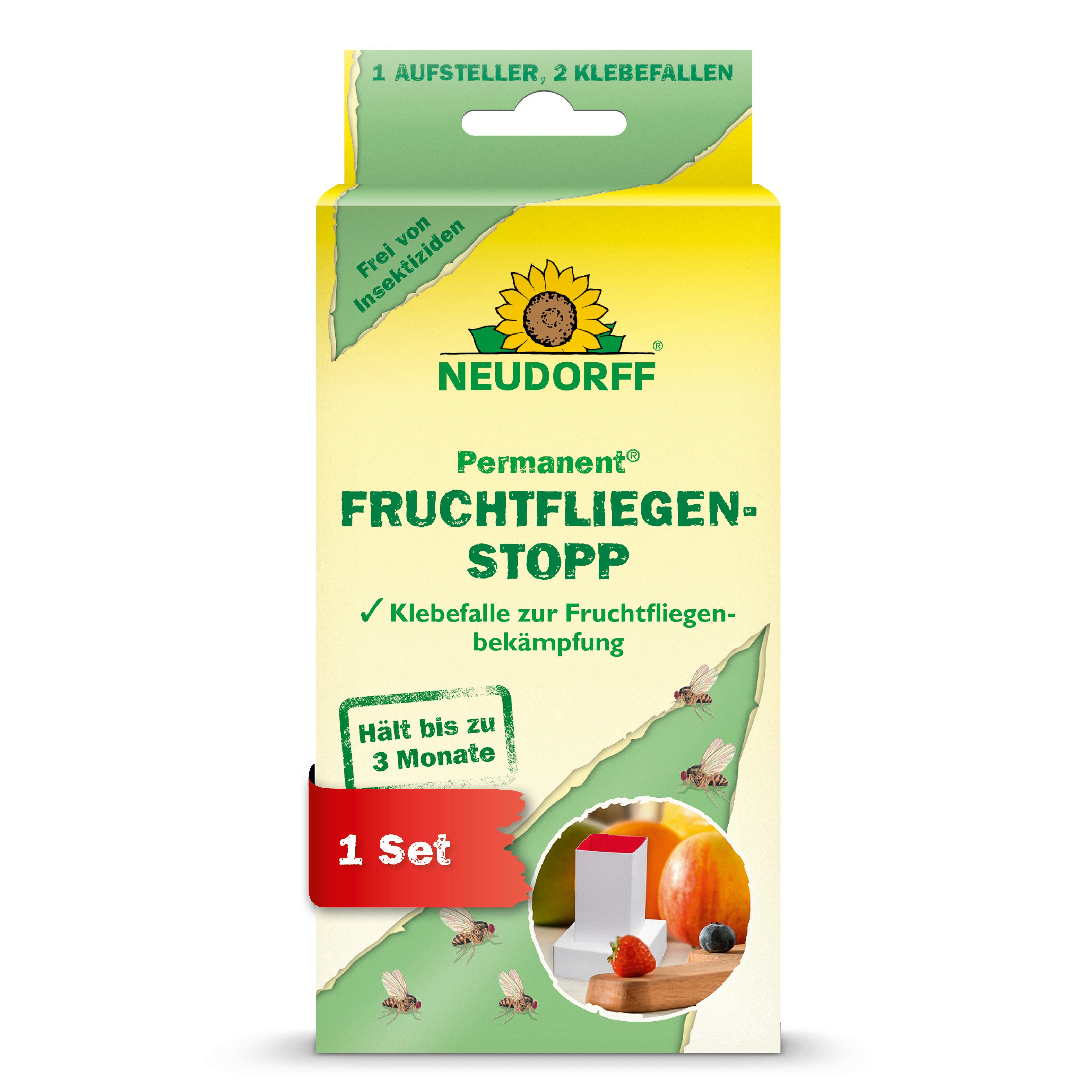 Neudorff Insektenspray Permanent FruchtfliegenStopp, Freistehendes Klebefallen-Set gegen Fruchtfliegen, 1 Aufsteller mit 2 austauschbaren Klebefallen, Freistehender Klebeturm mit Lockwirkung durch reifes Obst