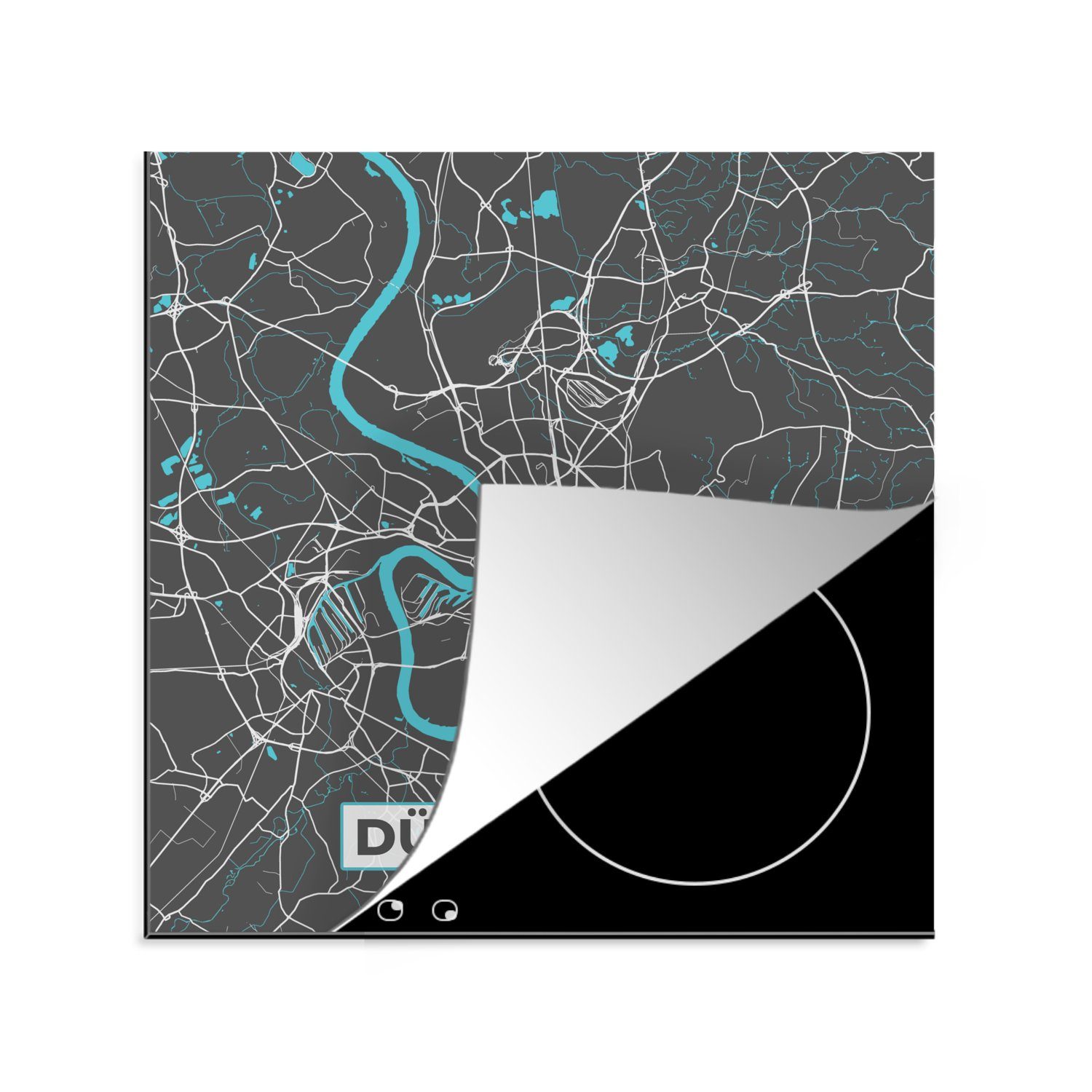 MuchoWow Herdblende-/Abdeckplatte Blau - Deutschland - Karte - Stadtplan - Düsseldorf, Vinyl, (1 tlg), 78x78 cm, Ceranfeldabdeckung, Arbeitsplatte für küche