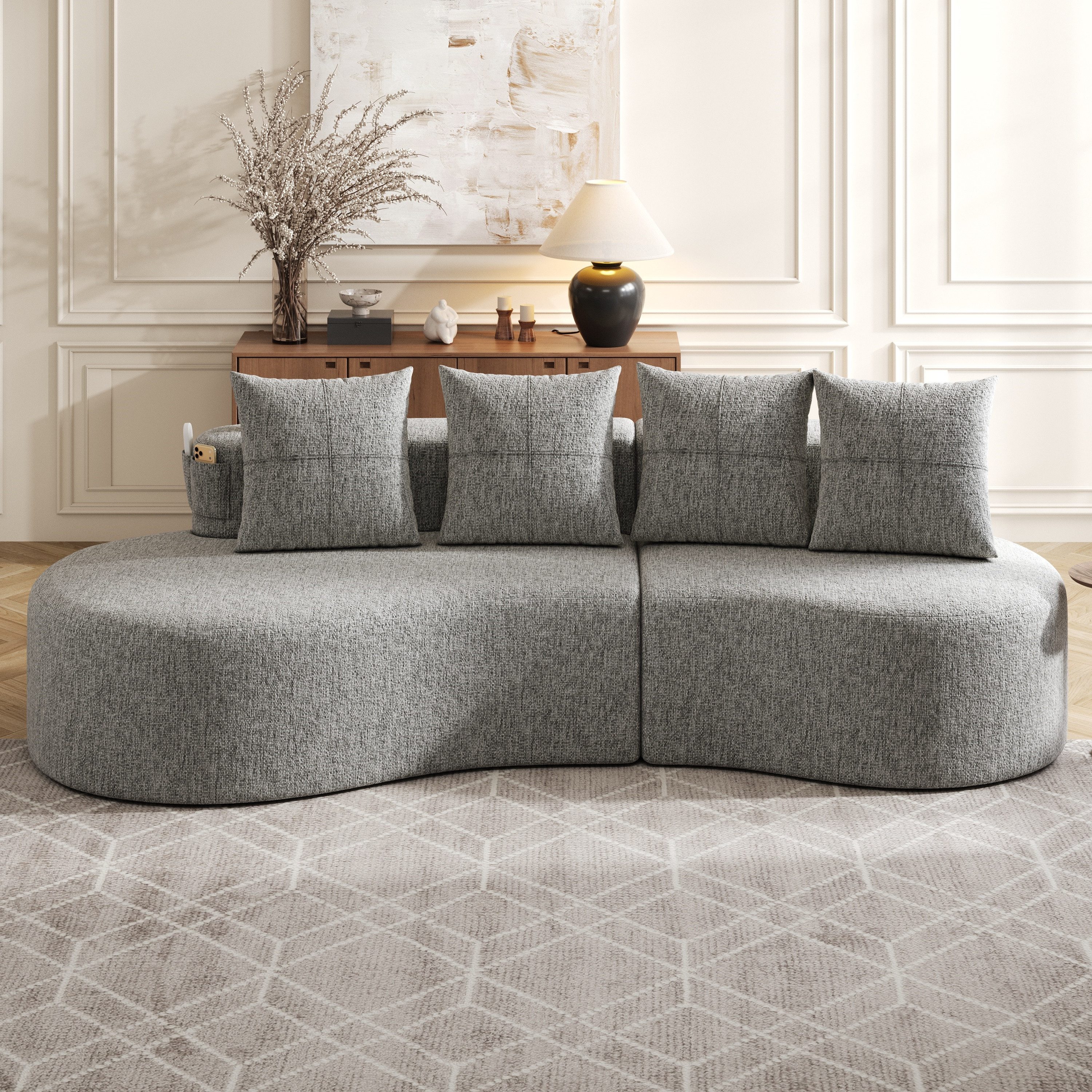 HAUSS SPOLE Loungesofa aus Leinenstoff,Chaiselongue mit vier Kissen,Polstermöbel in Hellgrau