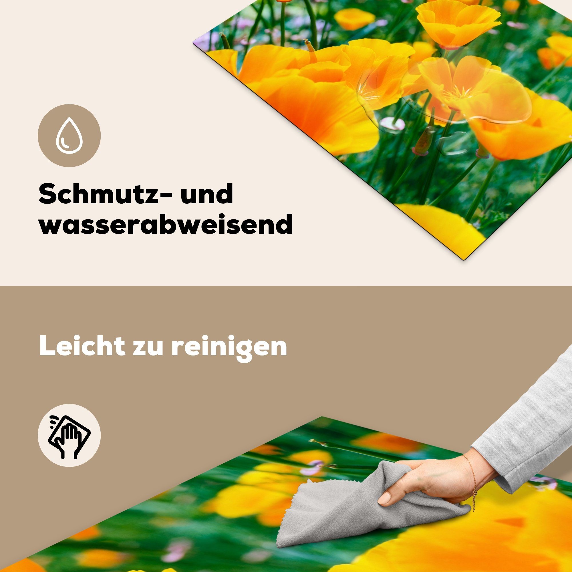 (1 Orange, küche, für Ceranfeldabdeckung die cm, tlg), MuchoWow Vinyl, - - Blumen Schutz Induktionskochfeld Herdblende-/Abdeckplatte 71x52 Garten