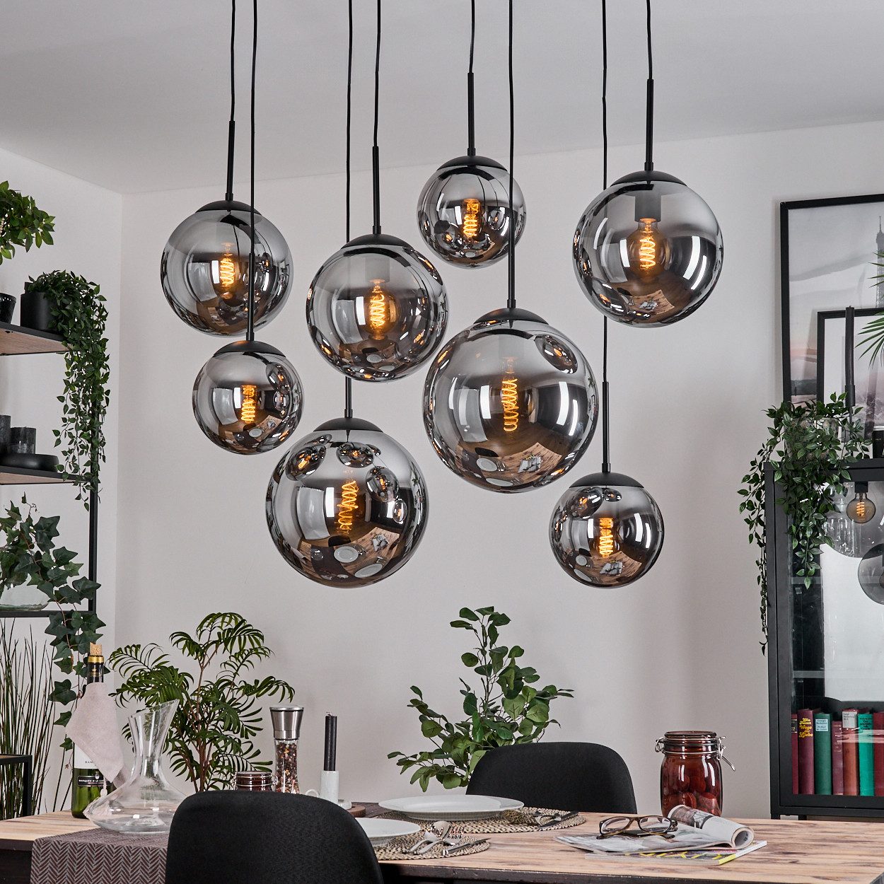 hofstein Hängeleuchte Hängelampe aus Metall/Glas in Schwarz/Rauchfarben, 8 x E27, ohne Leuchtmittel, Hängeleuchte im Retro/Vintage-Design (20; 25; 30 cm), max. 130cm